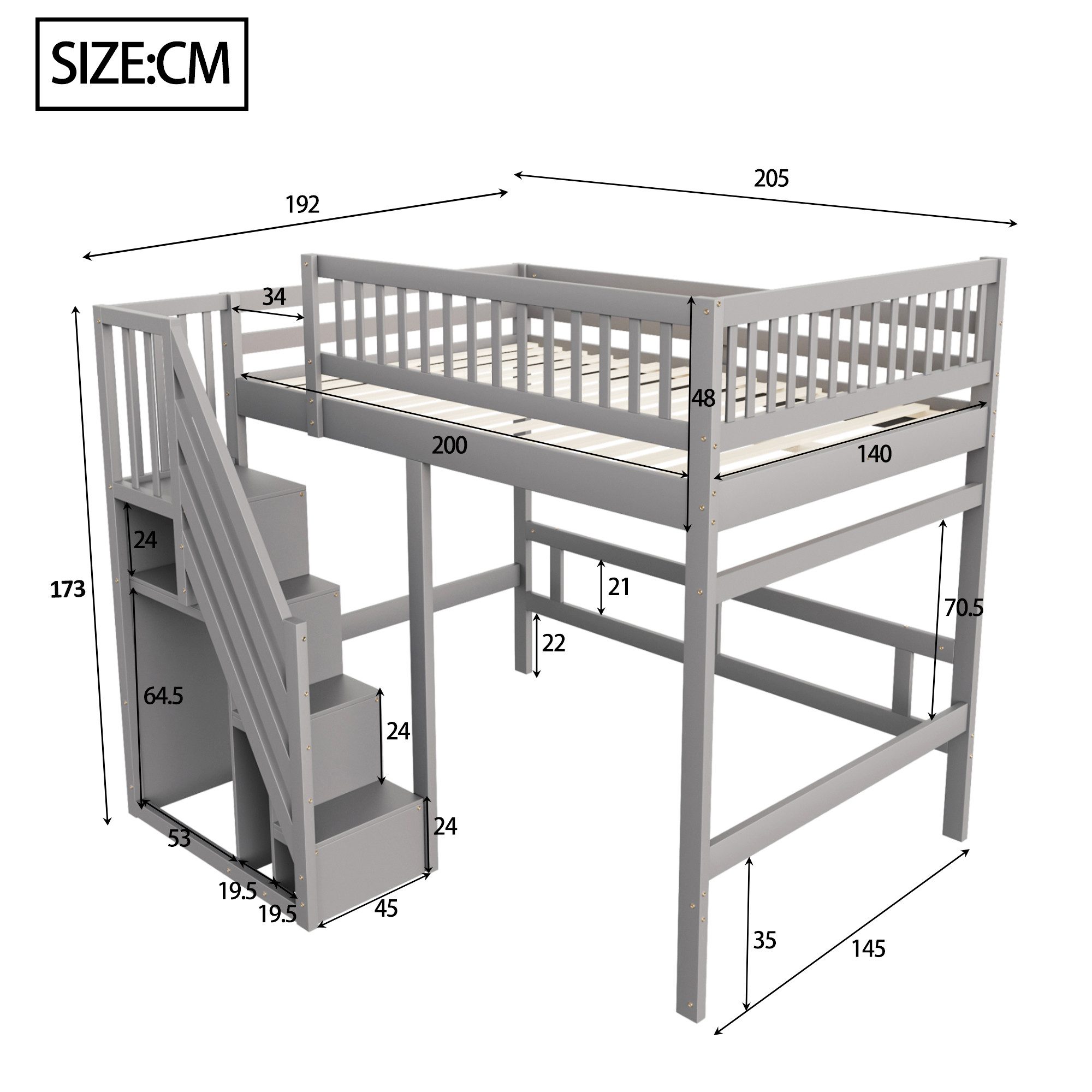 Merax Hochbett (Jugendbett mit Rausfallschutz und Lattenrost, 1-St) Etagenbett 140x200cm mit Treppe und Stauraum, Kiefernholz Kinderbett – Bild 4 von 5