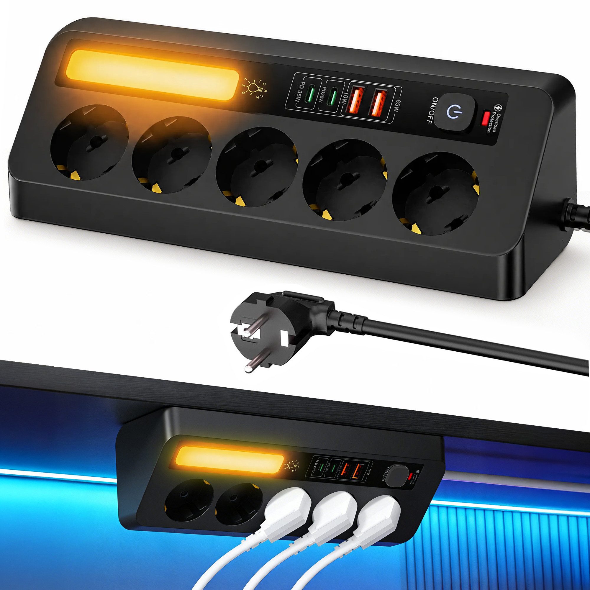 Luckice Tischsteckdosenleiste mit 5 Steckdosen,Eck-Steckdosenleiste Mehrfachsteckdose 9-fach (Ein-/Ausschalter, USB-Anschlüsse, 4 USB-Ports (PD 35 W & 20 W), LED-Statusanzeige, mit Schalter, Steckdosenleiste 5-fach, mit USB, mit Kindersicherung, Schutzkon