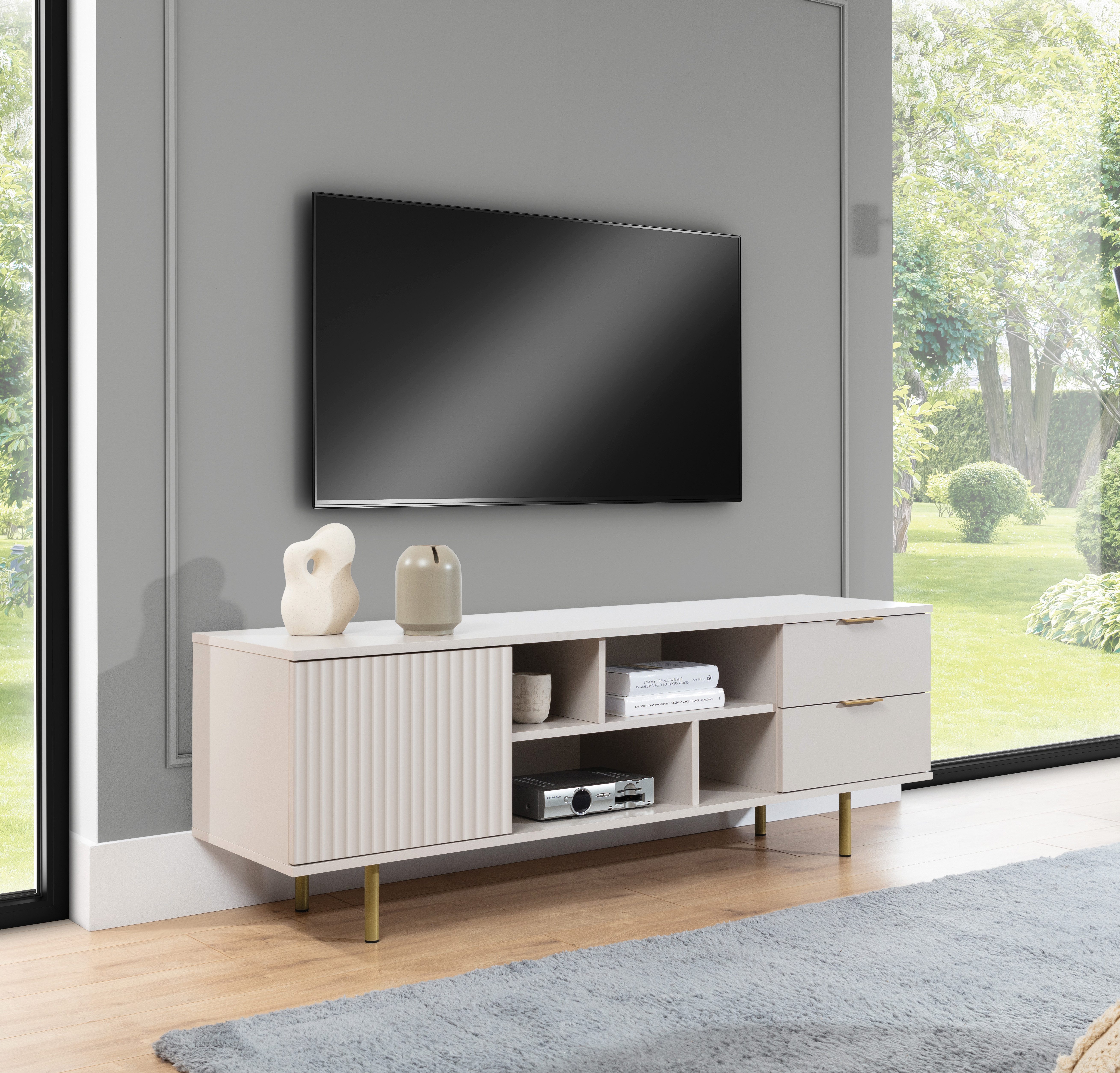 Furnix TV-Schrank Nadija RTV Kabinett mit zwei Schubladen und Metallfüßen 2 Farben BxHxT:, 150x52x41 cm