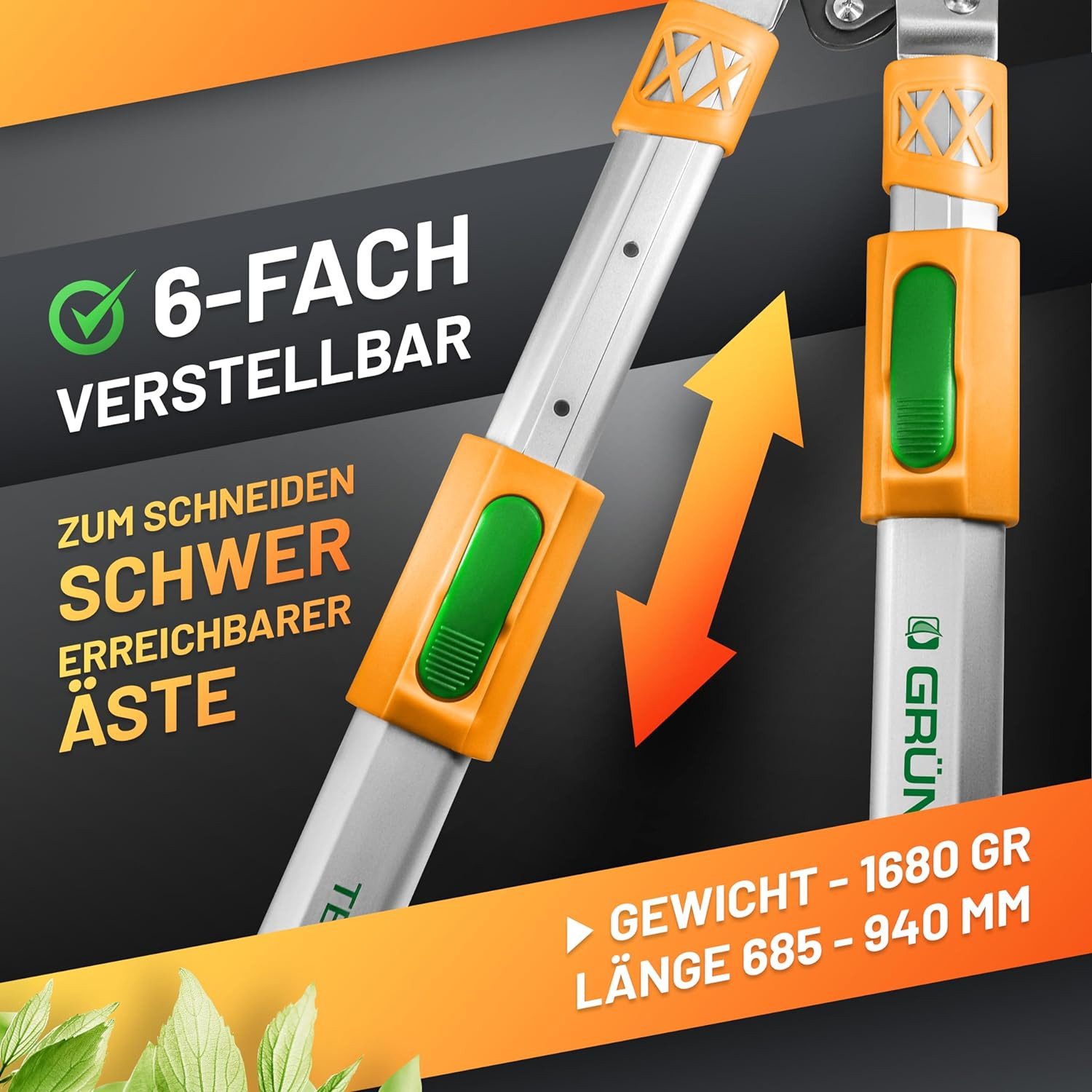 GRÜNTEK Astschere Teleskop-Astschere XT 685 - 940 mm, Bypass Smart-Cut Baumschere, Gehärtete Klinge mit 82 mm Länge, rutschfeste 2-Komponenten-Griffe