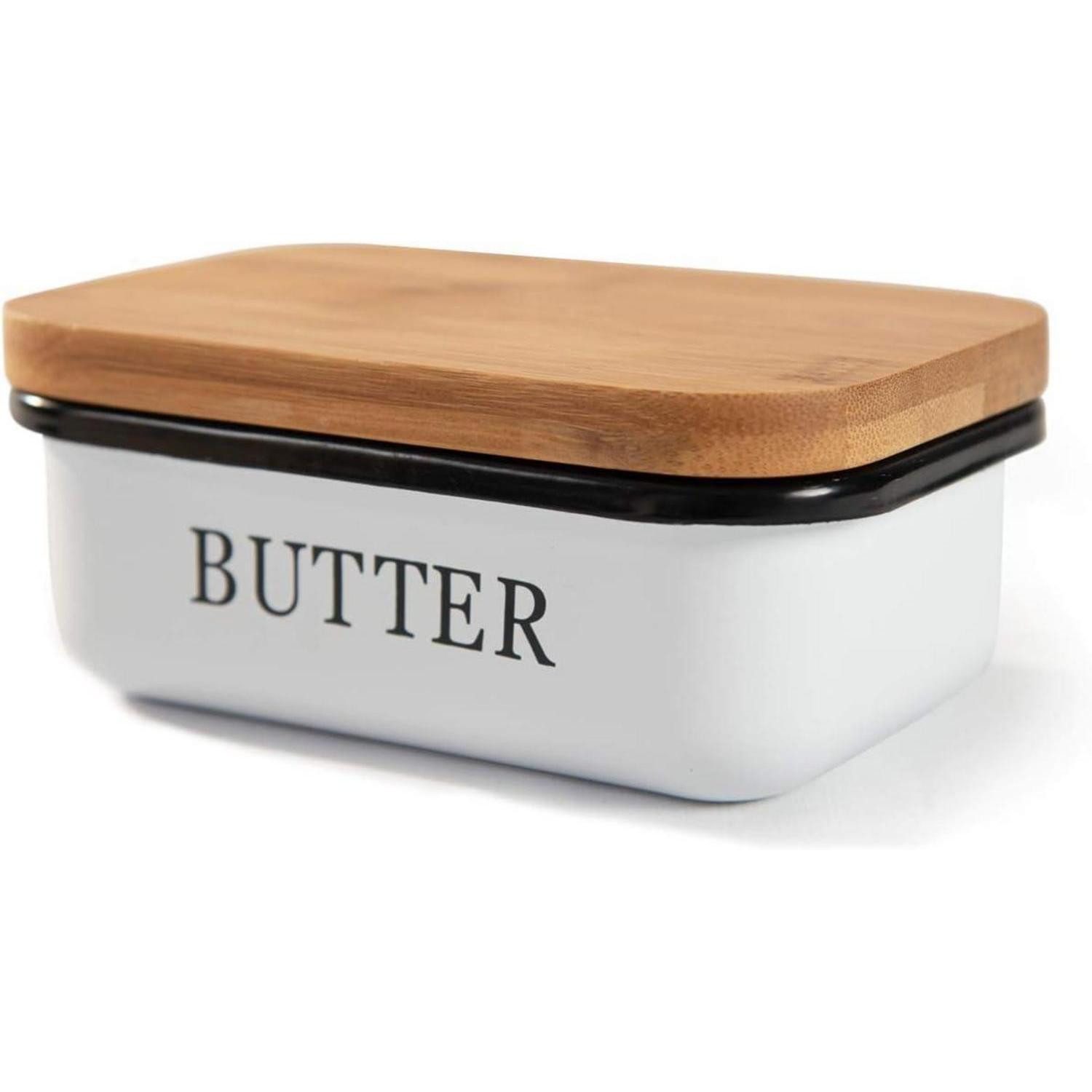 Theo&Cleo Butterdose Butterdose mit Holzdeckel für 250 g Butter Weiß - Bambusdeckel
