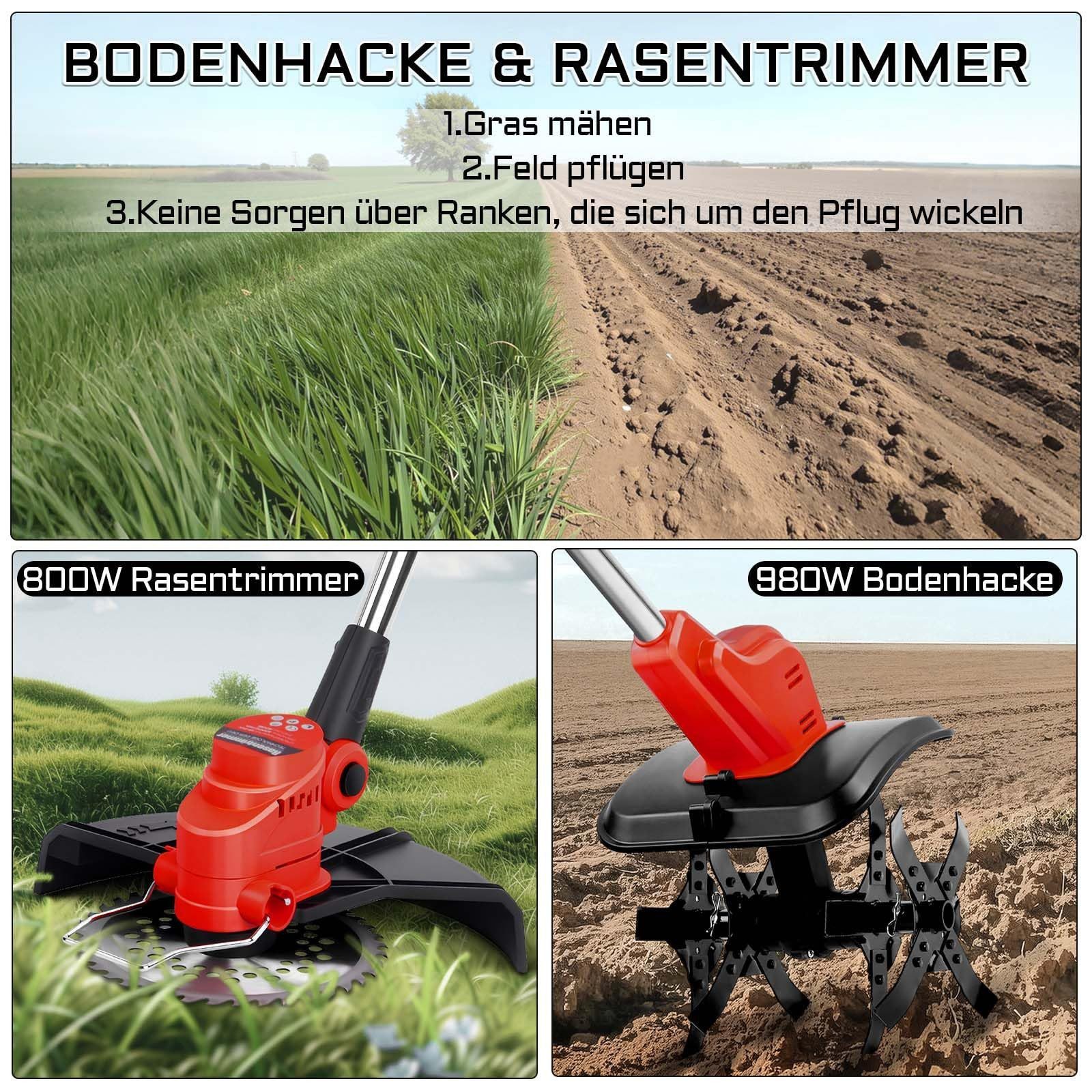XERSEK Elektro-Rasentrimmer 2-IN-1 Li-Ion Akku Motorhacke Rasentrimmer Set Elektro Bodenhacke, 25 cm Arbeitsbreite Messer, (Kompatibel Mit Makita Akku 18V, Elektisch Gartenfräse Wohnmobil Elektisch Ackerfräse Kultivator, mit Ladegerät)