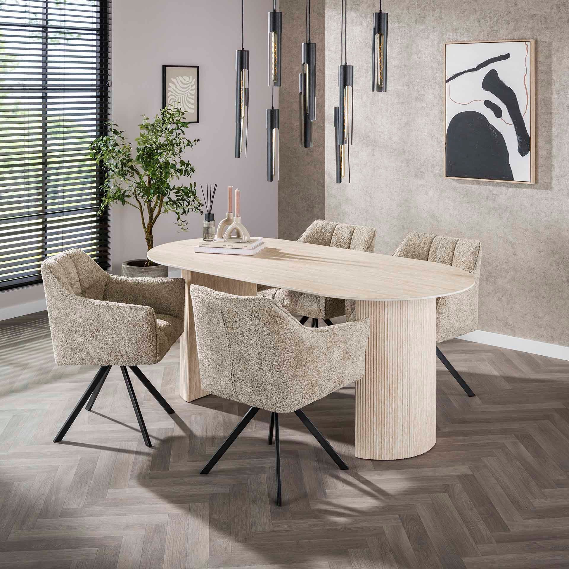 Vintagehaus Essgruppe 5er Set Arch Organic 180 Travertin + 4 Stühle Raster Boucle