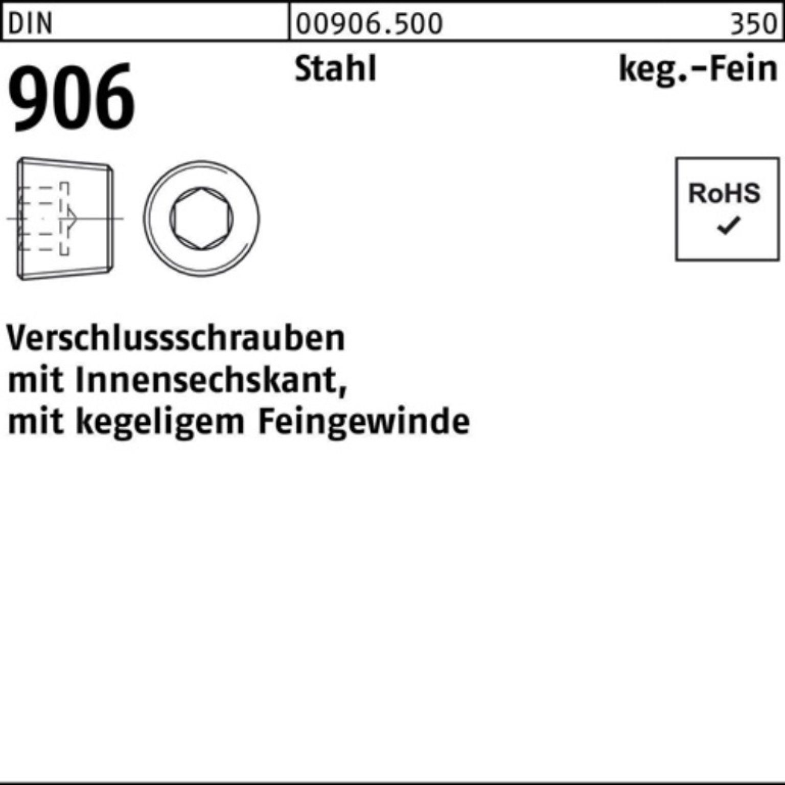 Reyher Schraube 100er Pack Verschlußschraube DIN 906 Innen-6kt M38x 1,5 Stahl 10 Stü