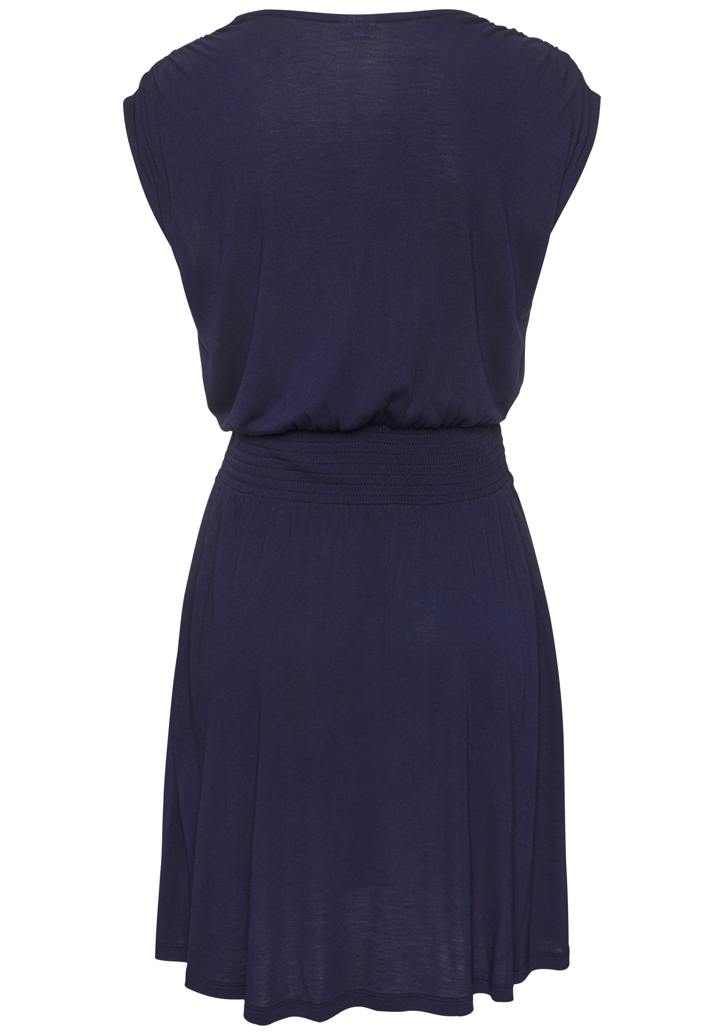 LASCANA Jerseykleid mit breitem Smokbund und V-Ausschnitt kurzes Sommerkleid, Basic, Viskosekleid, luftiges Strandkleid
