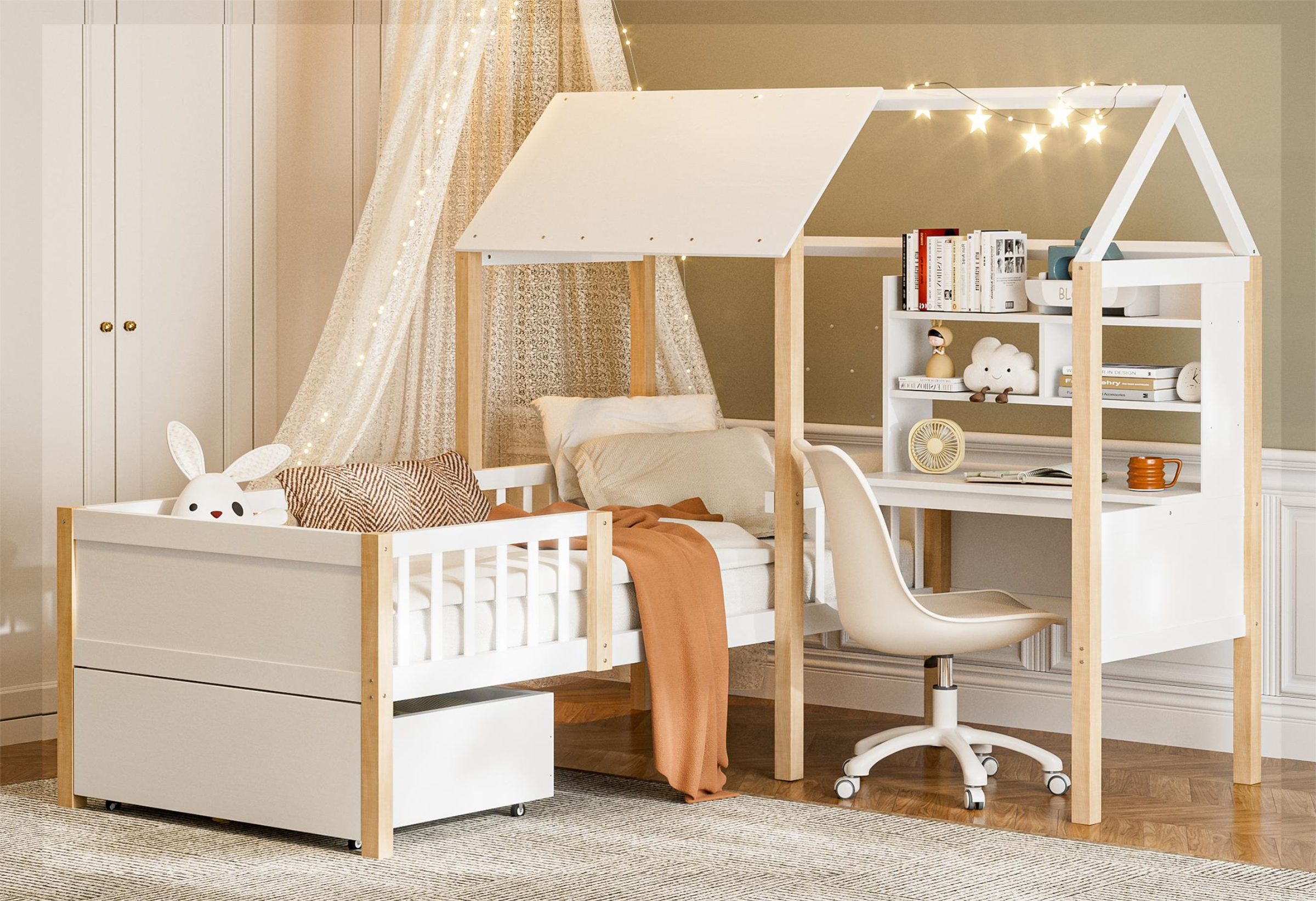 LVHOM Hausbett 90x200,Schreibtisch,Schubladen mit Rollen,Rausfallschutz & L günstig online kaufen