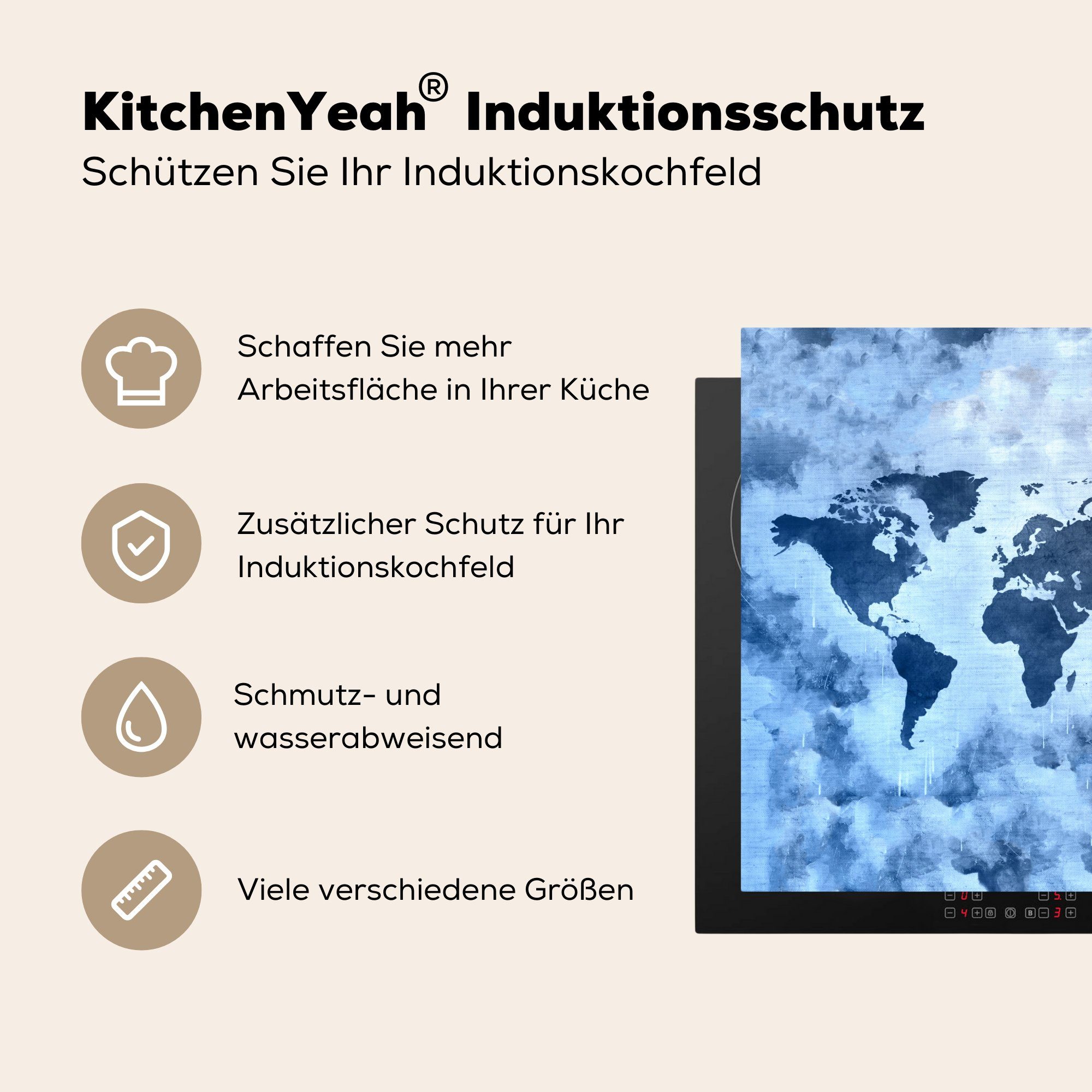 MuchoWow Herdblende-/Abdeckplatte Weltkarte - für Ceranfeldabdeckung, (1 Blau Farbe, 78x78 küche - Vinyl, Arbeitsplatte tlg), cm