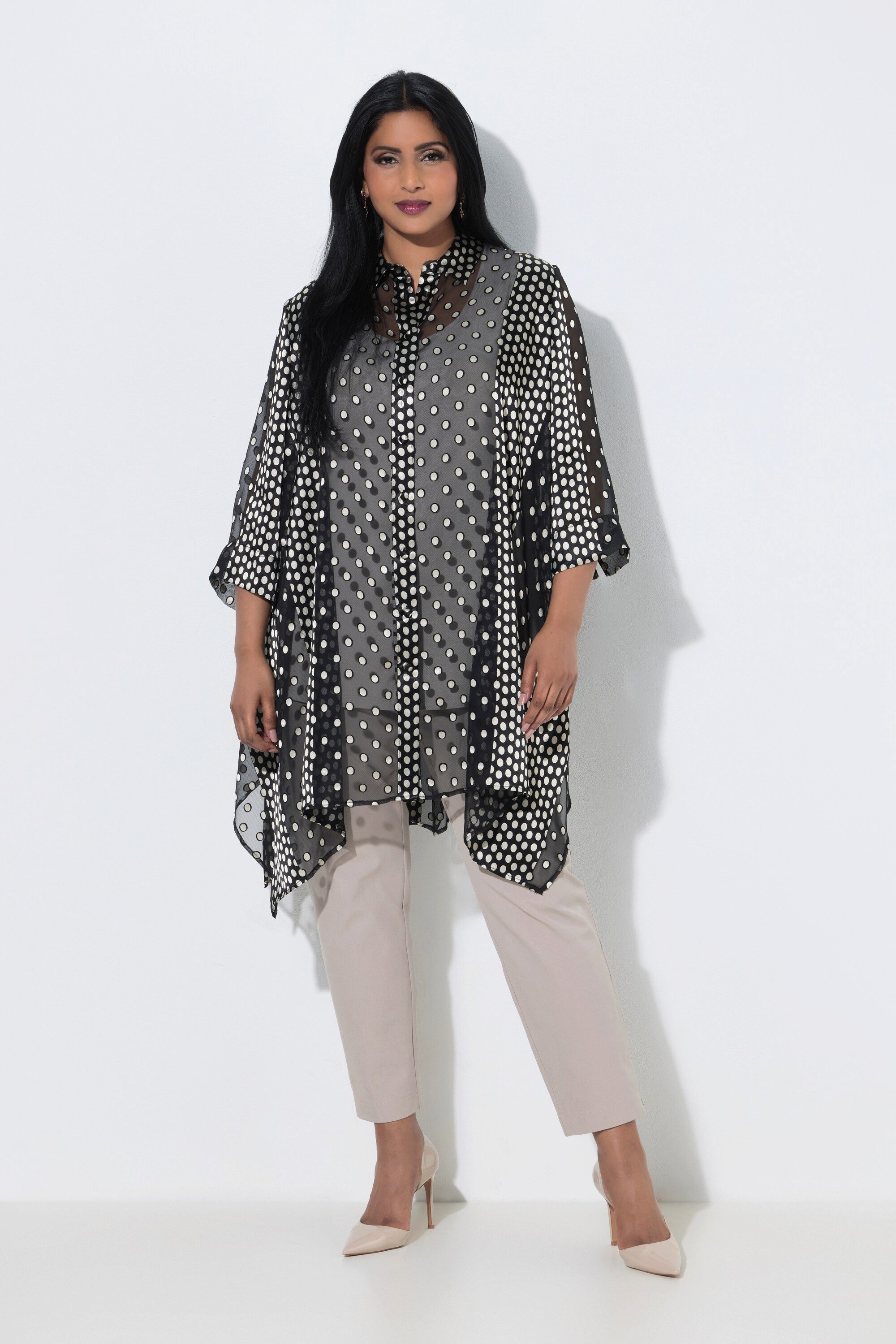 Ulla Popken Longbluse Longbluse Ausbrenner Hemdkragen 3/4-Arm Zipfelsaum