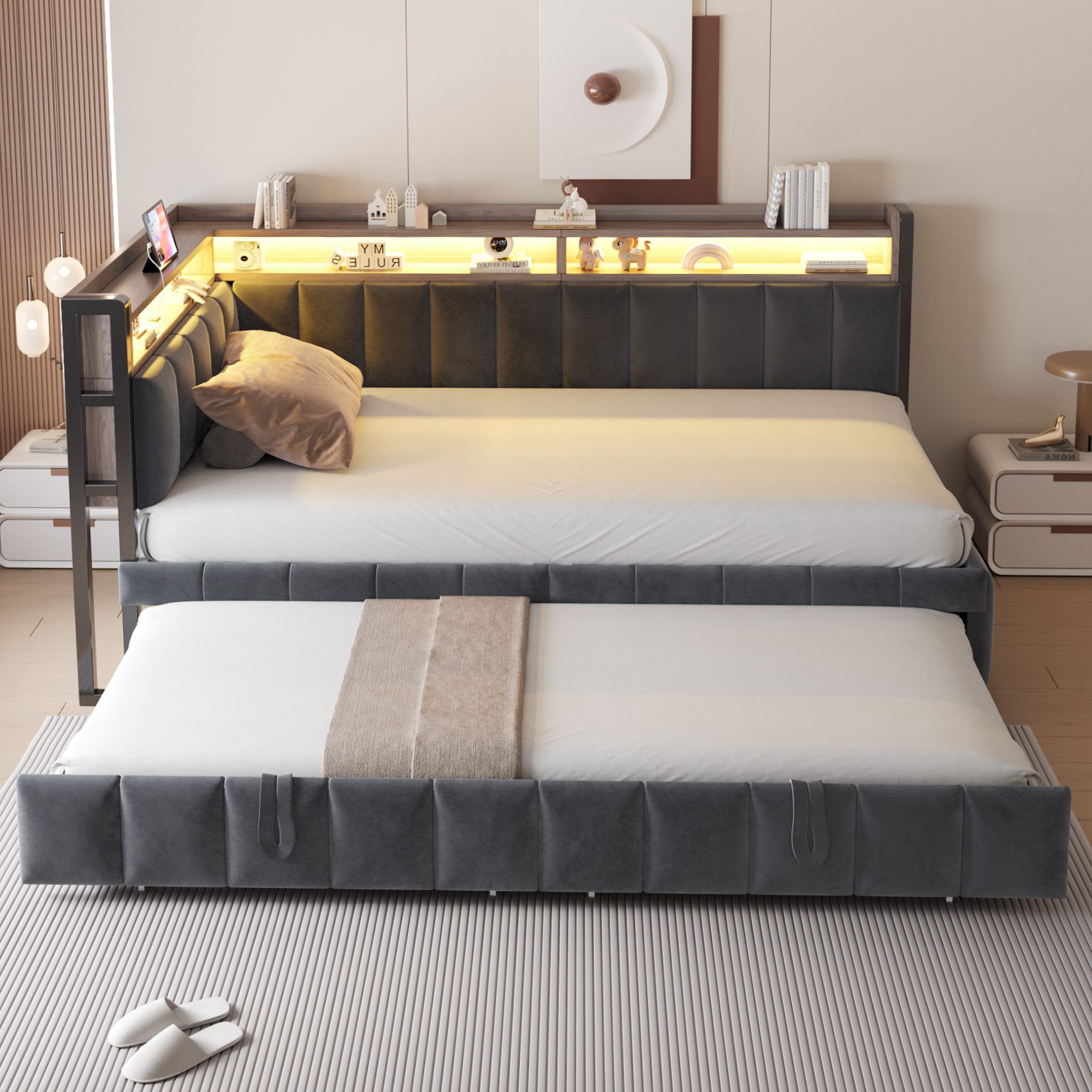 Flieks Daybett, LED Polsterbett Schlafsofa 90x200cm mit Aufladen, Ausziehbe günstig online kaufen