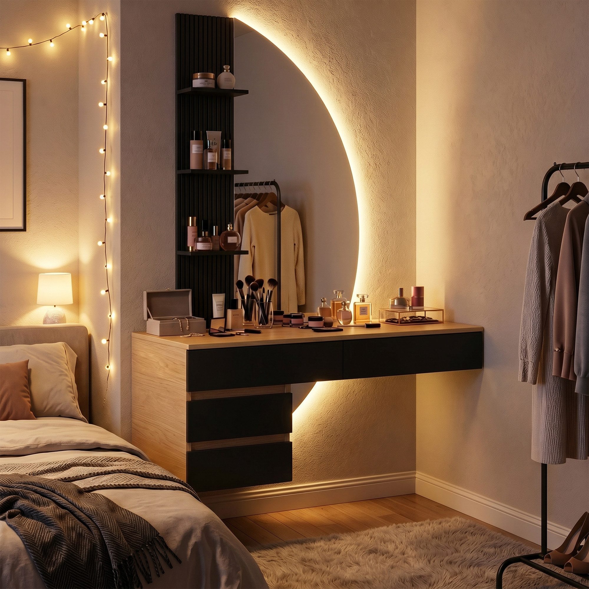 HOMALL Schminktisch Hängender Schminktisch mit drei einstellbaren Farbtemperaturen (LED-Silikon-Lichtleiste in drei Farben, Maße: 106 × 40 × 143 cm, mit 3 offen – Bild 3 von 5