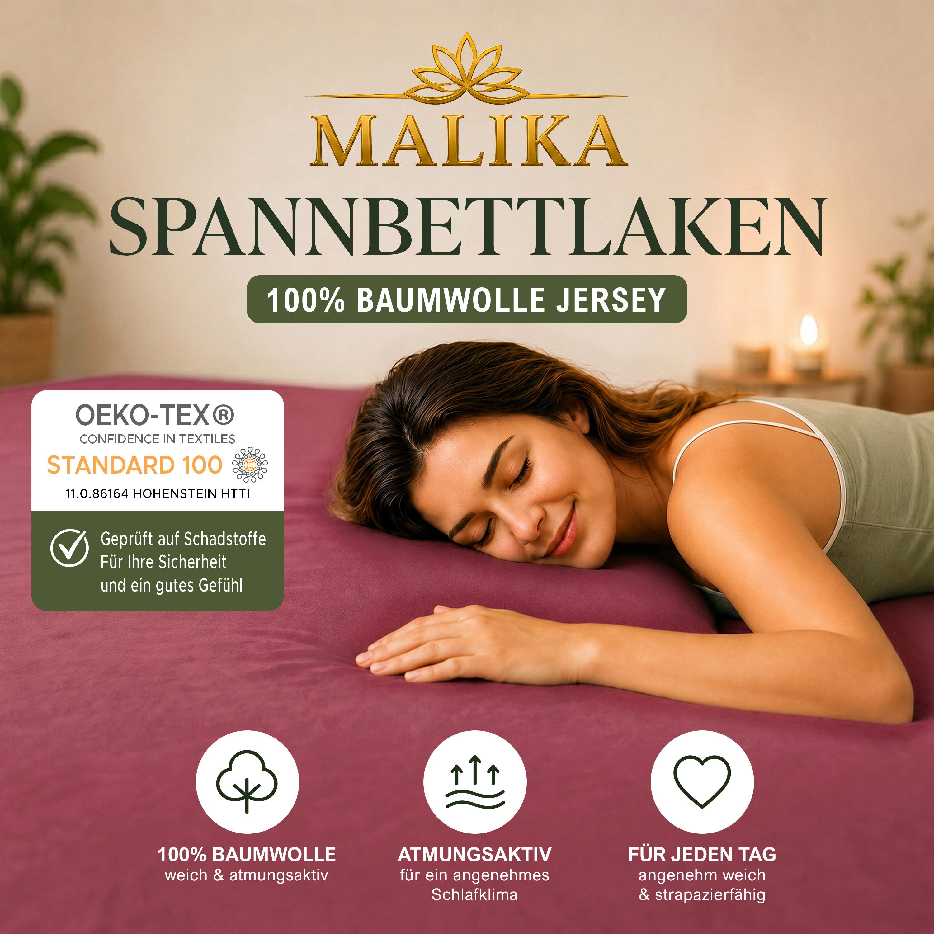 Malika Spannbettlaken aus 100% Baumwolle, 90-100x200, Bordeaux, Jersey Baumwolle, Gummizug: Ja, (1 Stück), Allergikergeeignet, Pflegeleicht und Atmungsaktiv