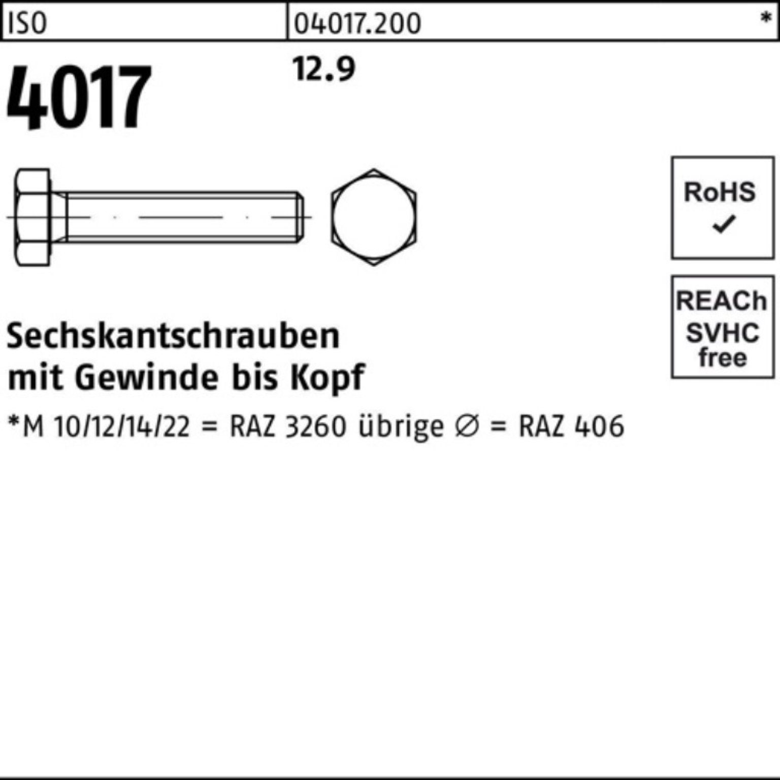 M6x ISO 500 Pack 16 Sechskantschraube 12.9 Bufab Sechskantschraube ISO 500er 40 4017 VG Stück