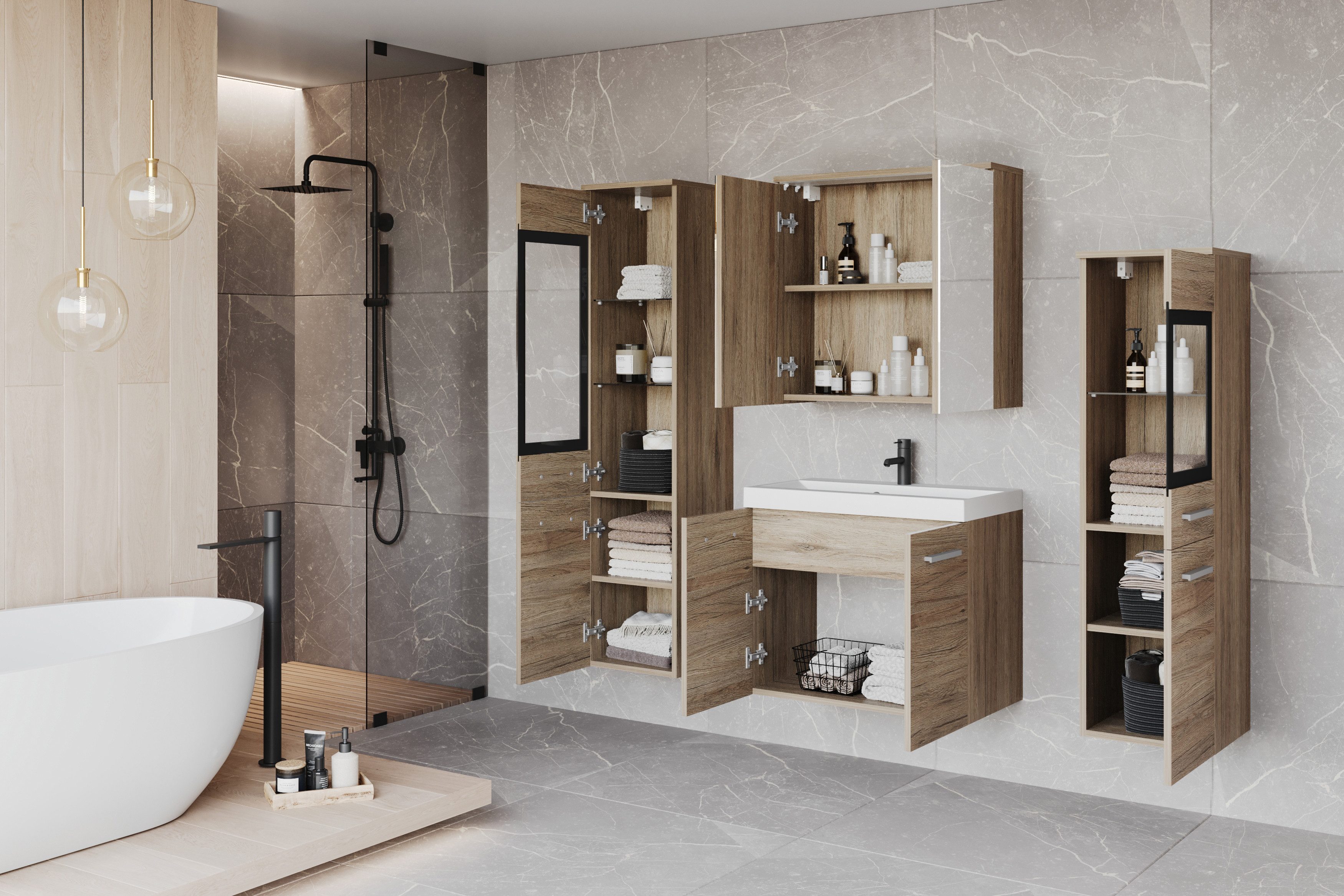 welltime Badmöbel-Set MADRIT II, Schrank mit Waschbecken, 2 Hänger, Spiegelschrank, (Komplett-Set, 5-St), Hängende Badmöbel mit Glaseinsätzen – in vielen Farben erhältlich