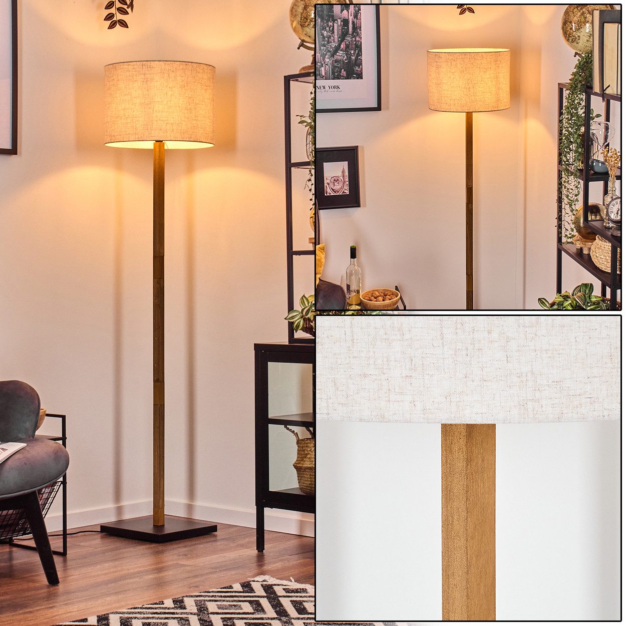 hofstein Stehlampe Stehlampe mit Holzfuß und Schirm aus Stoff, ohne Leuchtmittel, Boho-Style, skandinavisches Design (40 cm), Fußschalter, 1 x E27