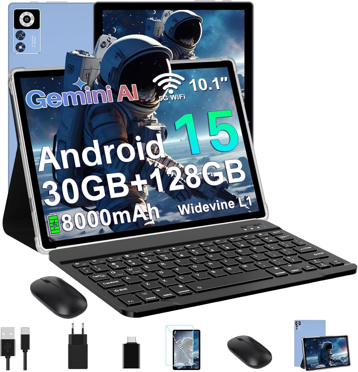 ZIOVO 10,1 Zoll Tablet Android 15, 30GB RAM 128GB Speicher mit Tastatur/Maus Tablet (10,1", 128 GB, Android 15, 128GB Speicher/erweiterbar auf 1TB,Gemini AI,WiFi,Widevine L1,8000 mAh)