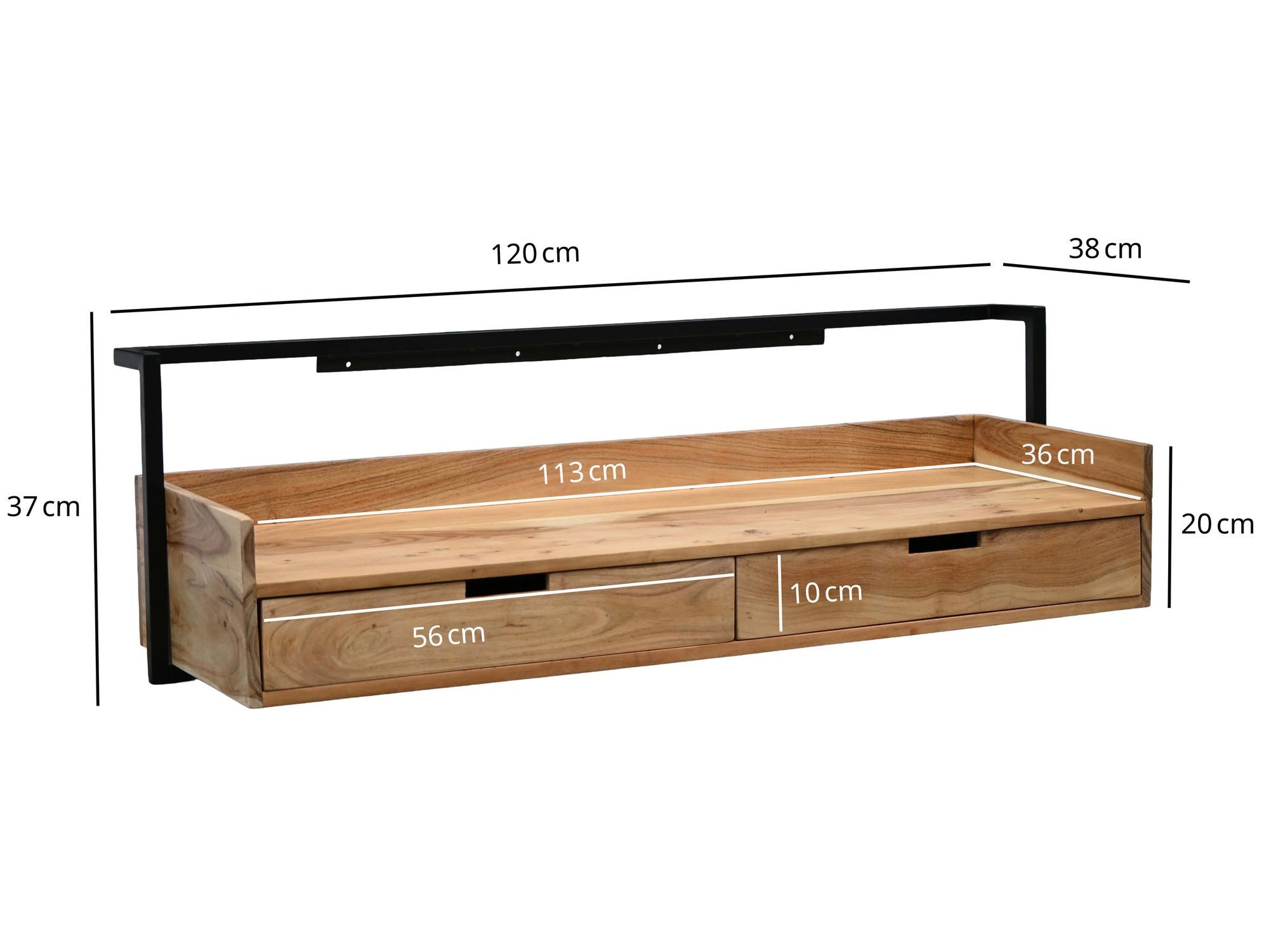 FINEBUY Schreibtisch FB117748 Wandschreibtisch 120cm Massivholz Schreibtisch Schwebend (Platzsparender Laptoptisch aus massiver Akazie), Bürotisch mit Schubladen und robustem Metallrahmen