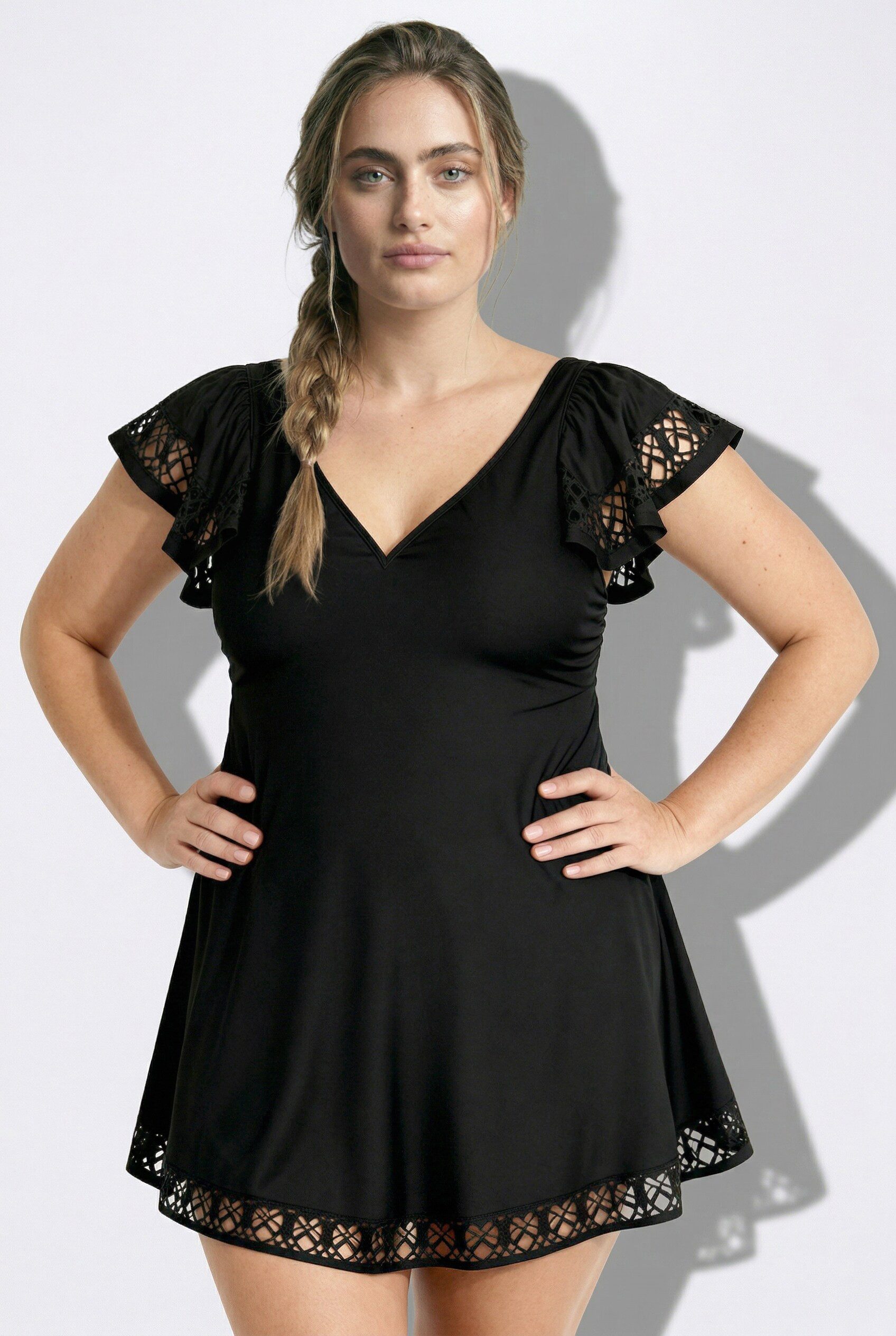 Ulla Popken Badekleid Badekleid Flügelärmel Softschalen Lasercut-Muster