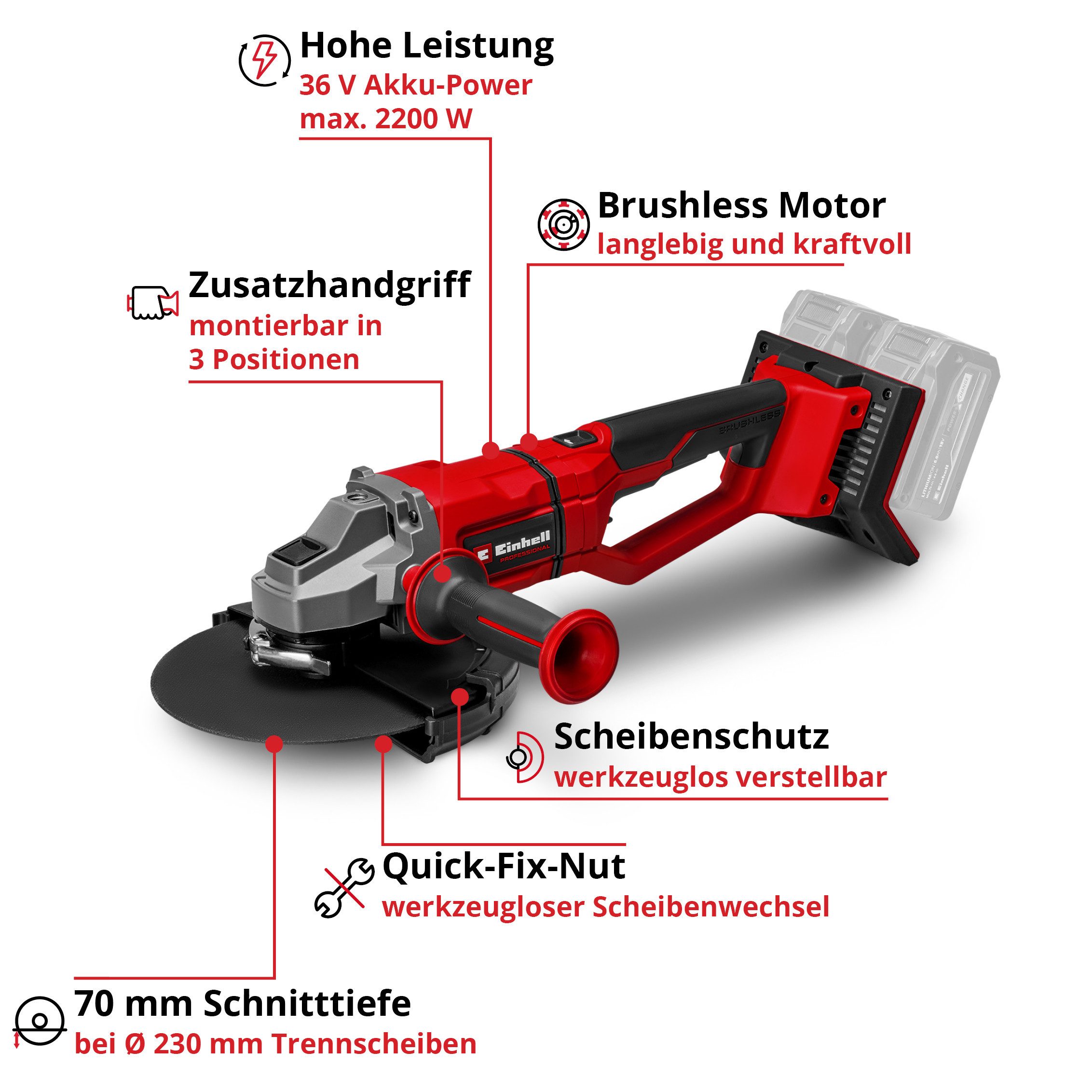Einhell Akku-Winkelschleifer AXXIO 36/230 Q, Power X-Change, ohne Akku und Ladegerät