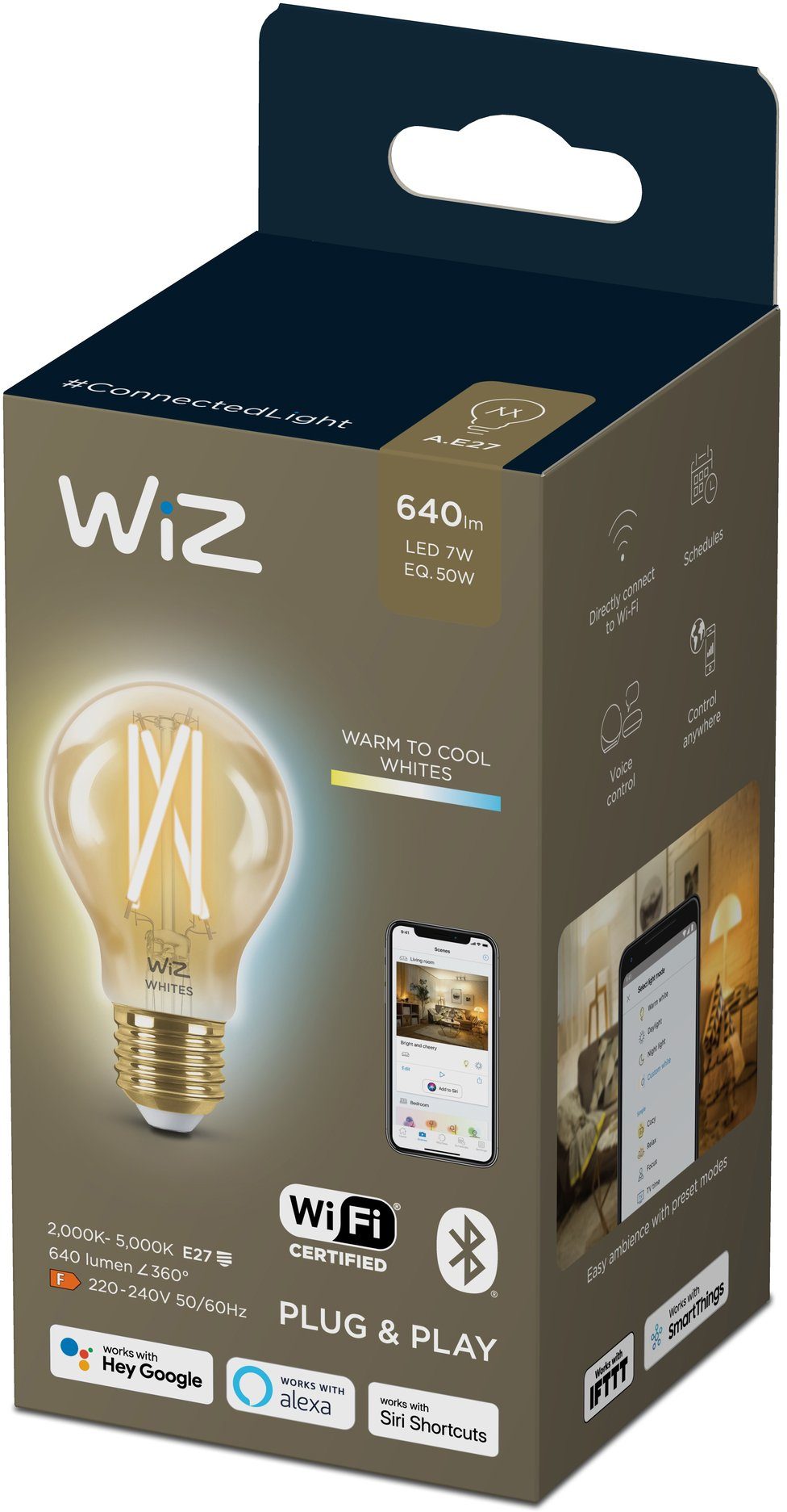 WiZ LED-Filament Filament 50W E27 Standardform Amber Einzelpack, E27, 1 St., Warmweiß, Wiz Tunable White Filament LED Lampen für klassisches Vintage-Design