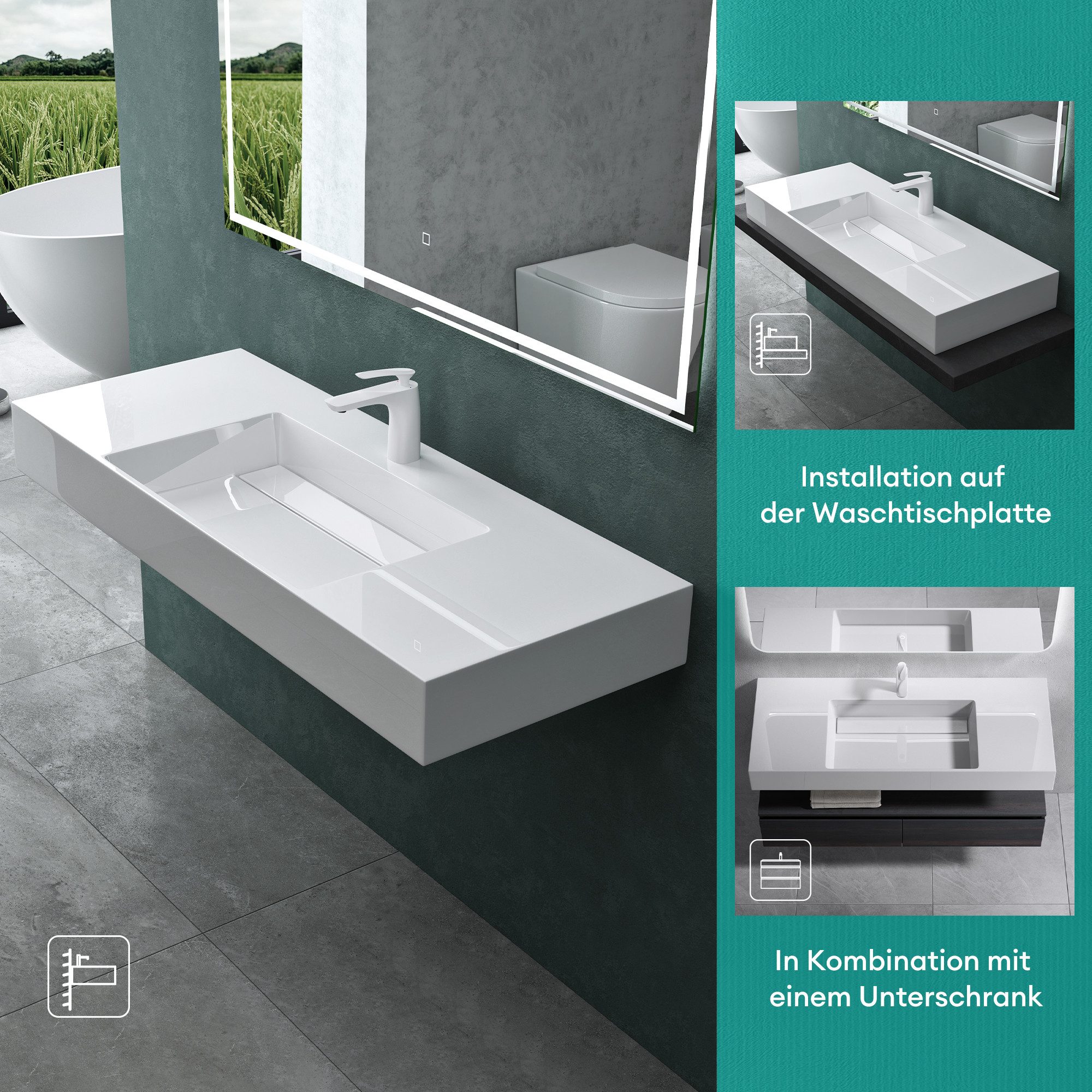 Mai & Mai Aufsatzwaschbecken Waschschale Waschbecken aus Mineralguss rechteckig DIN-Norm Col12, Becken links, rechts, mittig oder als Doppelbecken wählbar – Bild 5 von 5