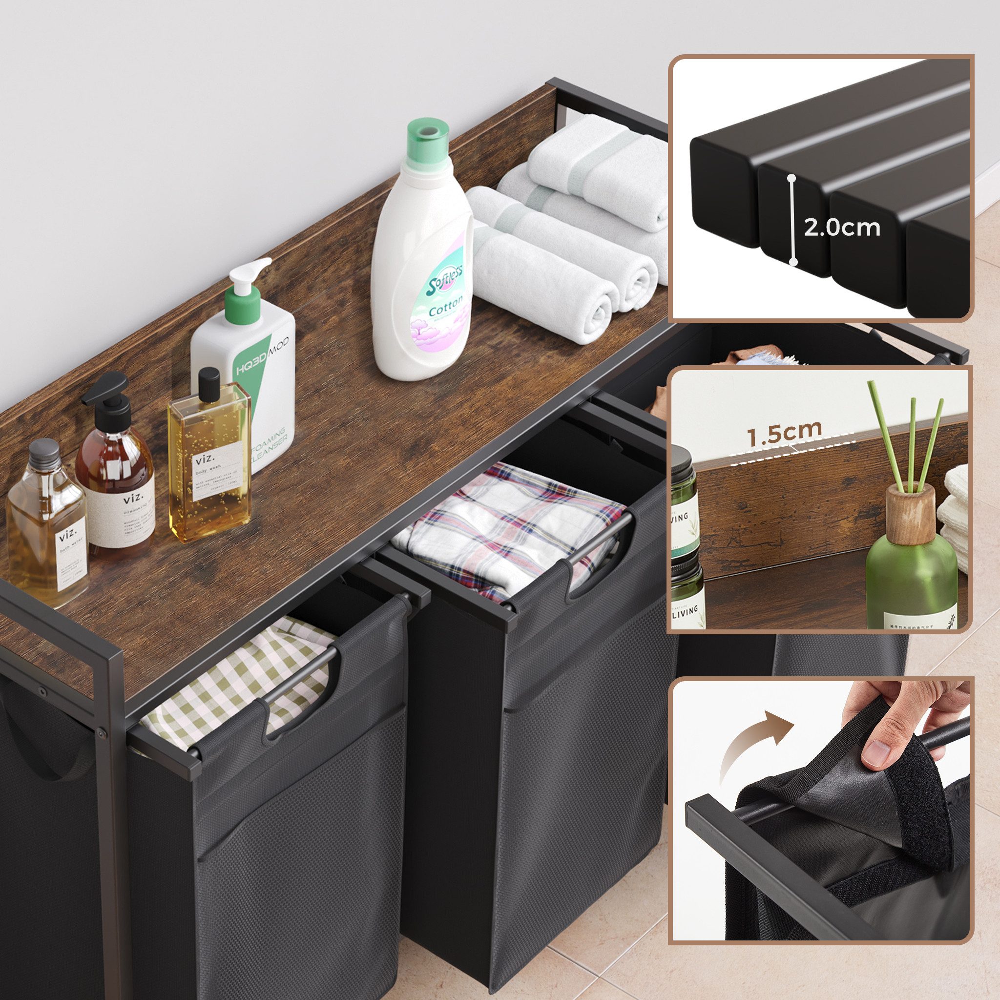 Mondeer Wäschekorb Metallgestell Wäschesammler (3 St., 3x50L), mit 3 abgetrennten Säcken, mit Ablage & austauschbaren Rollen