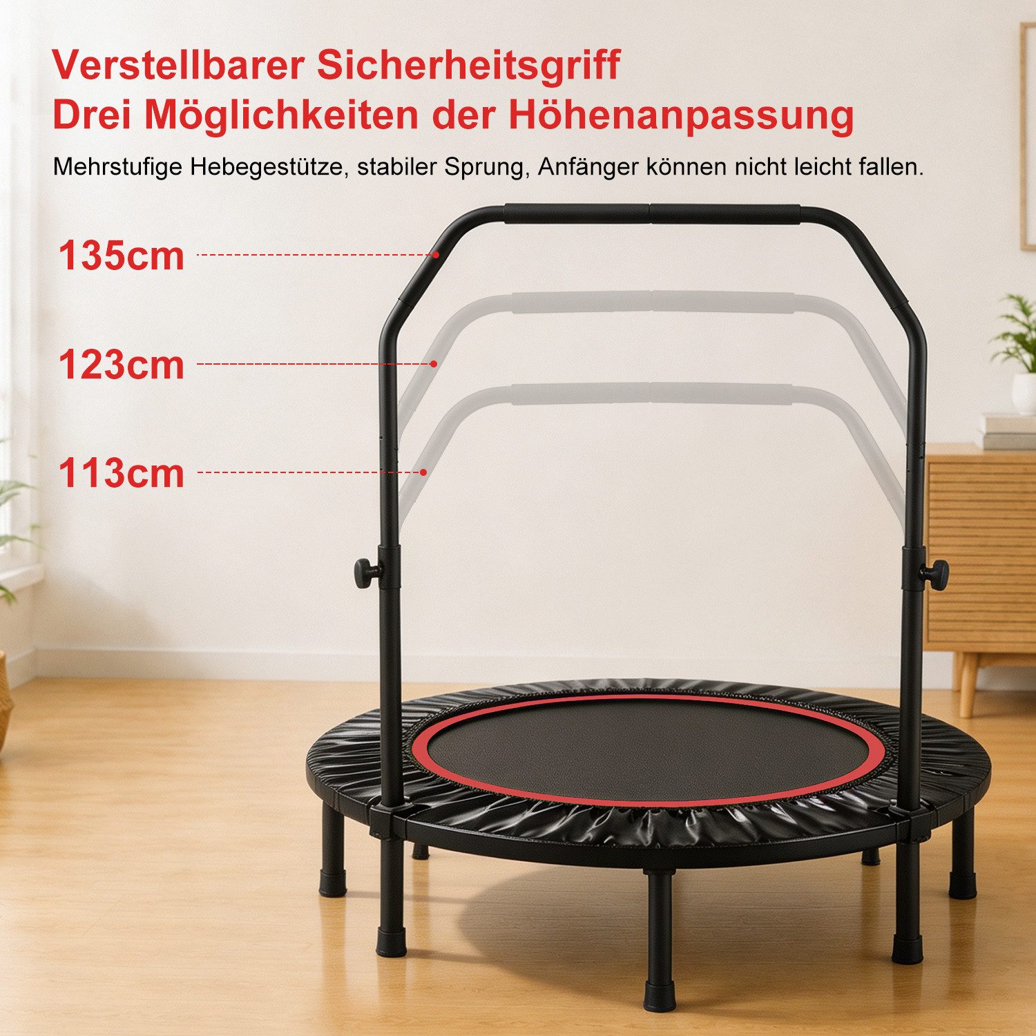 FOXSPORT Fitnesstrampolin Faltbar mit 3-stufig Höhenverstellbarer Haltestange, Ø 120 cm, Inclusief Beschermrand & Anti-Slip Grijpstang, Max. 100 kg – Bild 4 von 5