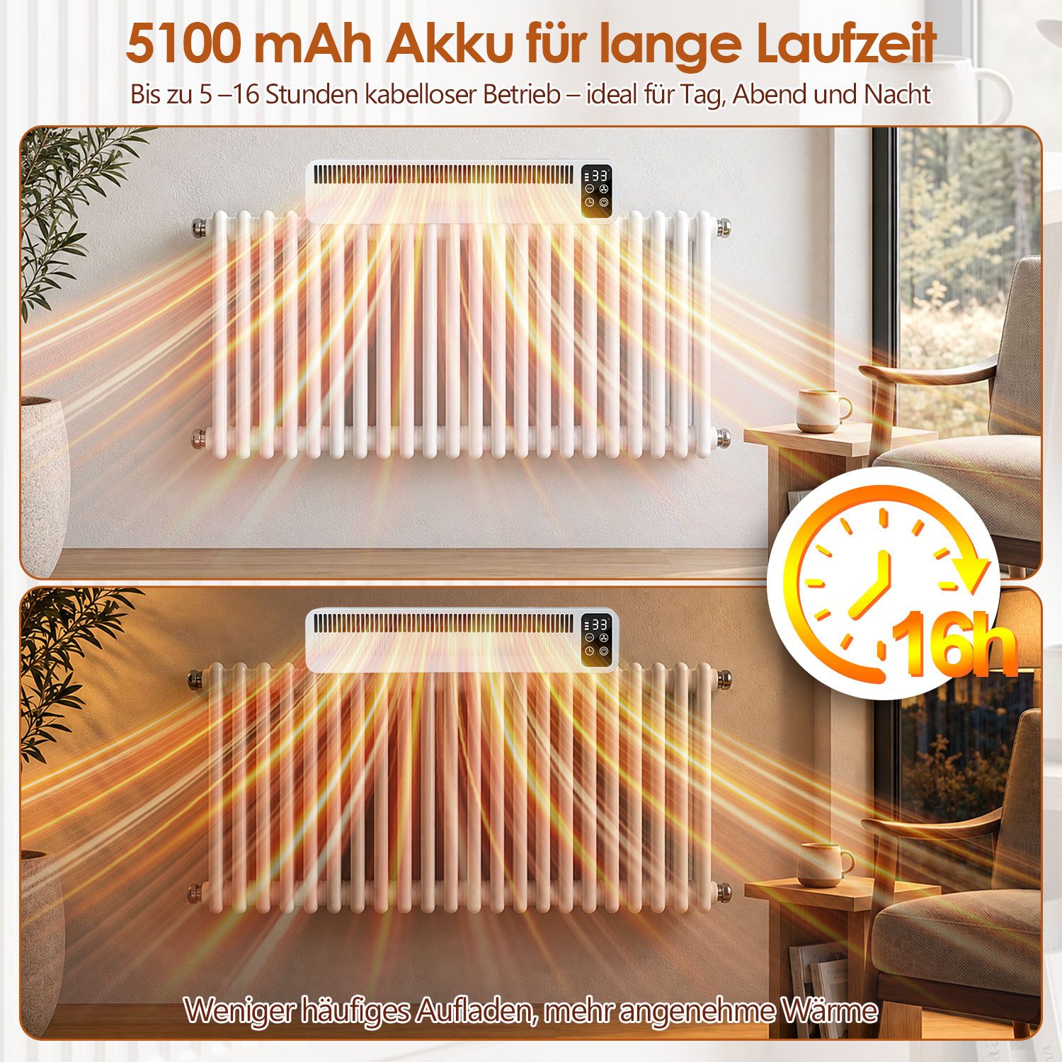 Clanmacy Heizkörperventilator Heizkörperverstärker 3 Lüfter mit Akku, Auto-Modus, Timer, magnetisch – Bild 5 von 5