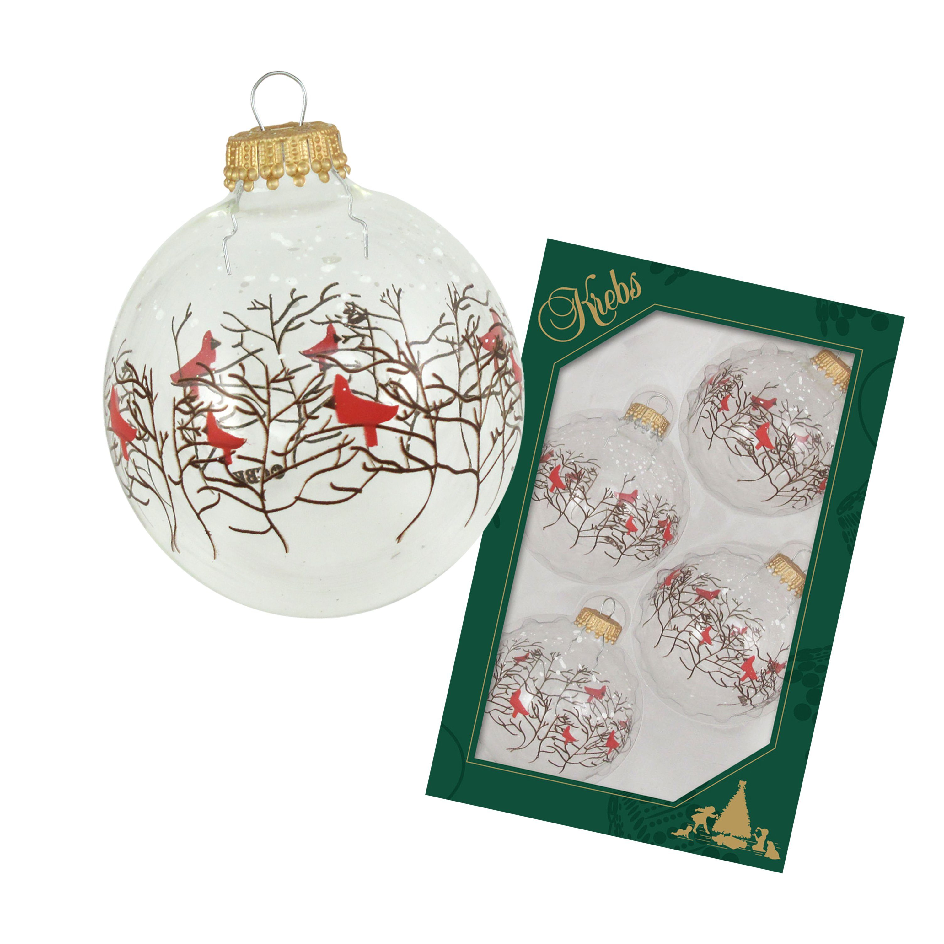 Krebs Glas Lauscha Christbaumschmuck Kristall Banddekroation (4-tlg) Glaskugel und Vögel mit Zweige 7cm