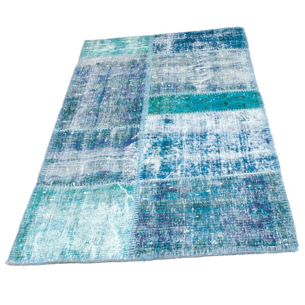 Vimoda Wollteppich Orientteppich Original Handgeknüpft, Rechteckig, Höhe: 5 mm, Läufer Turkis VINTAGE Blau Hochwertiger Patchwork Teppich 70 x 140 cm