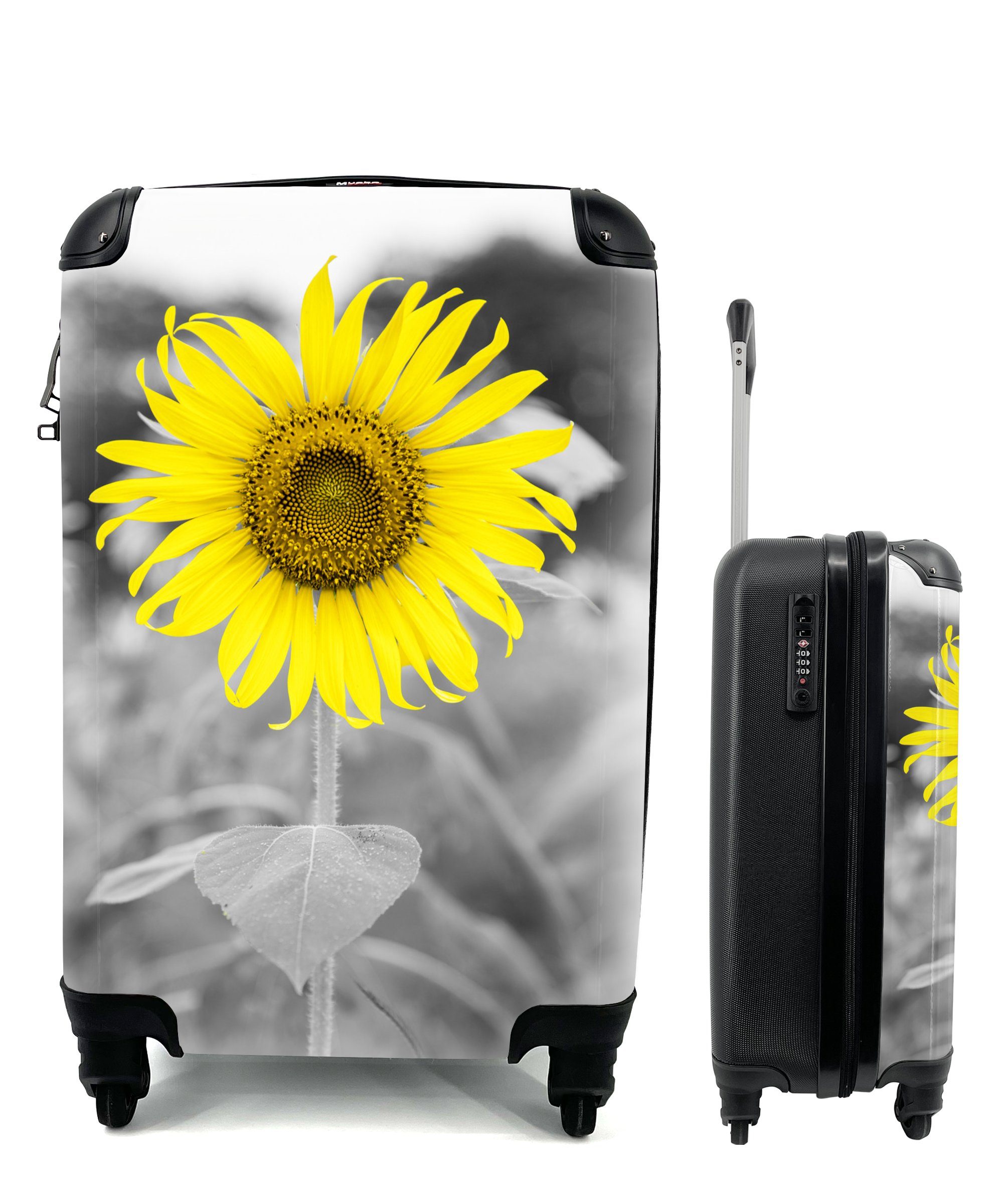 MuchoWow Handgepäckkoffer Blumen - Sonnenblume - Gelb - Schwarz - Weiß, 4 Rollen, Reisetasche mit rollen, Handgepäck für Ferien, Trolley, Reisekoffer
