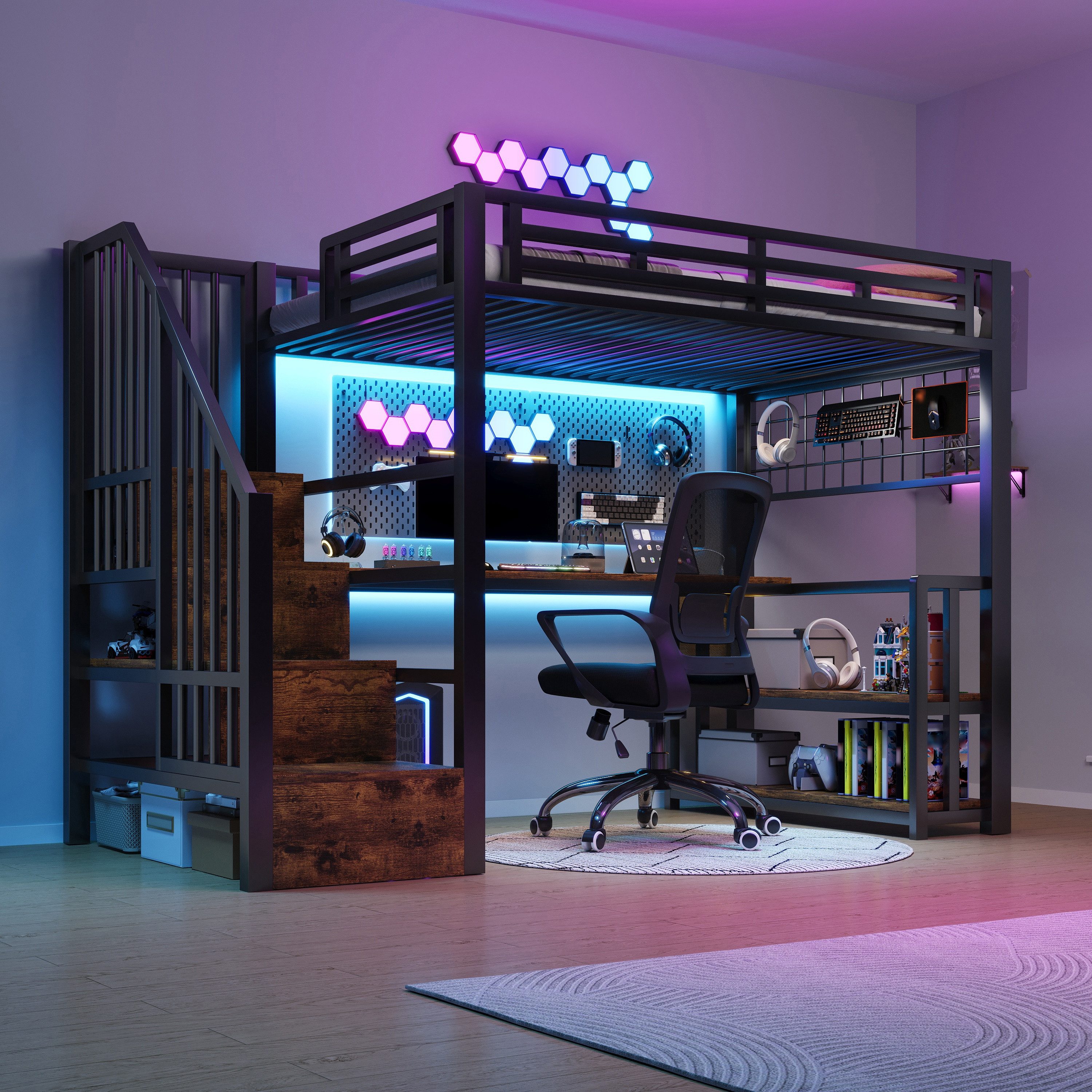 OKWISH Hochbett Jugendbett Funktionsbett (mit LED-Beleuchtung, Schreibtisch, Lagerregal und Stauraum, Hängendes Gitter, mit 2 USB-Anschlüssen, Typ-C-Buchse, 90x200 cm) Inklusive Matratze