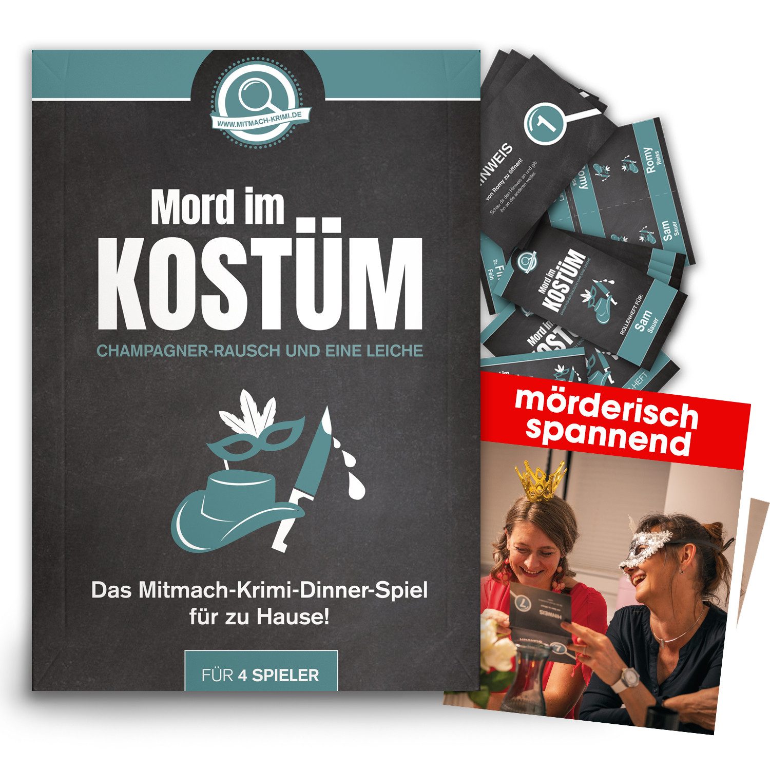 mitmach-krimi Spiel Krimi-Dinner, Mord im Kostüm - Champagener-Rausch und eine Leiche - Spiel für 4 Personen