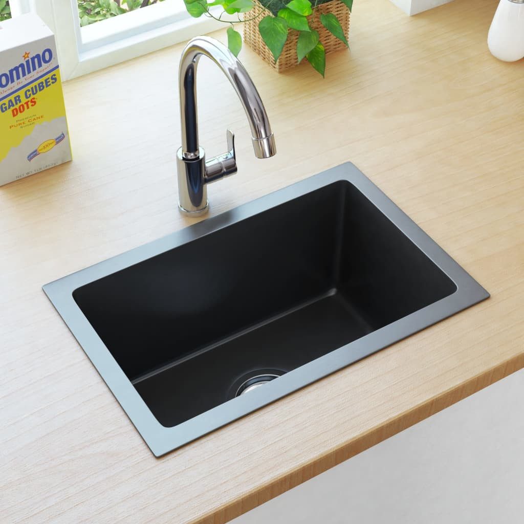 vidaXL Küchenspüle 44 x 29 x 20 cm Küche Spülbecken Massive Einbauspüle mit Sieb Schwarz, 44/29 cm