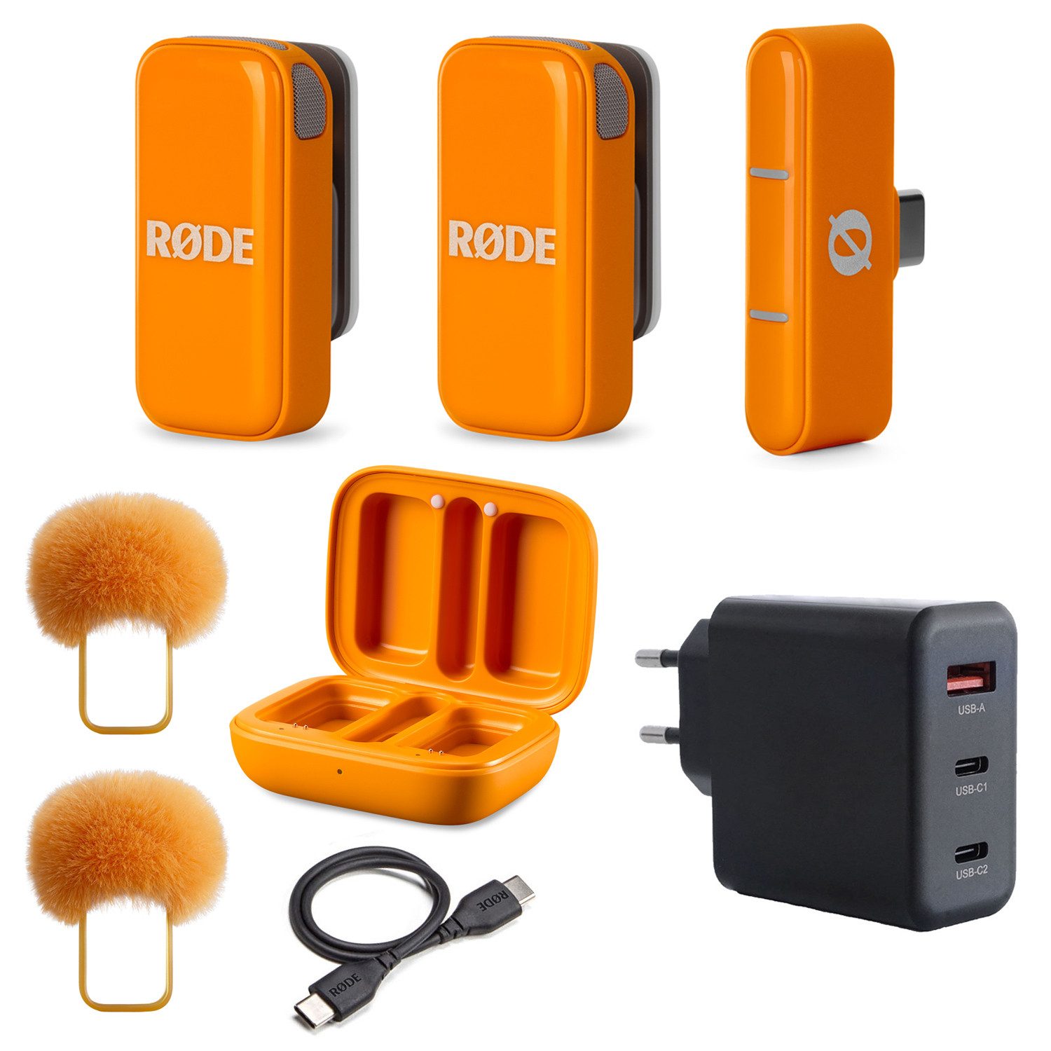 RØDE Rode Wireless Micro Mikrofon-System USB-C Orange mit Netzteil Digitales Aufnahmegerät (Vorteils-Set mit Netzteil)