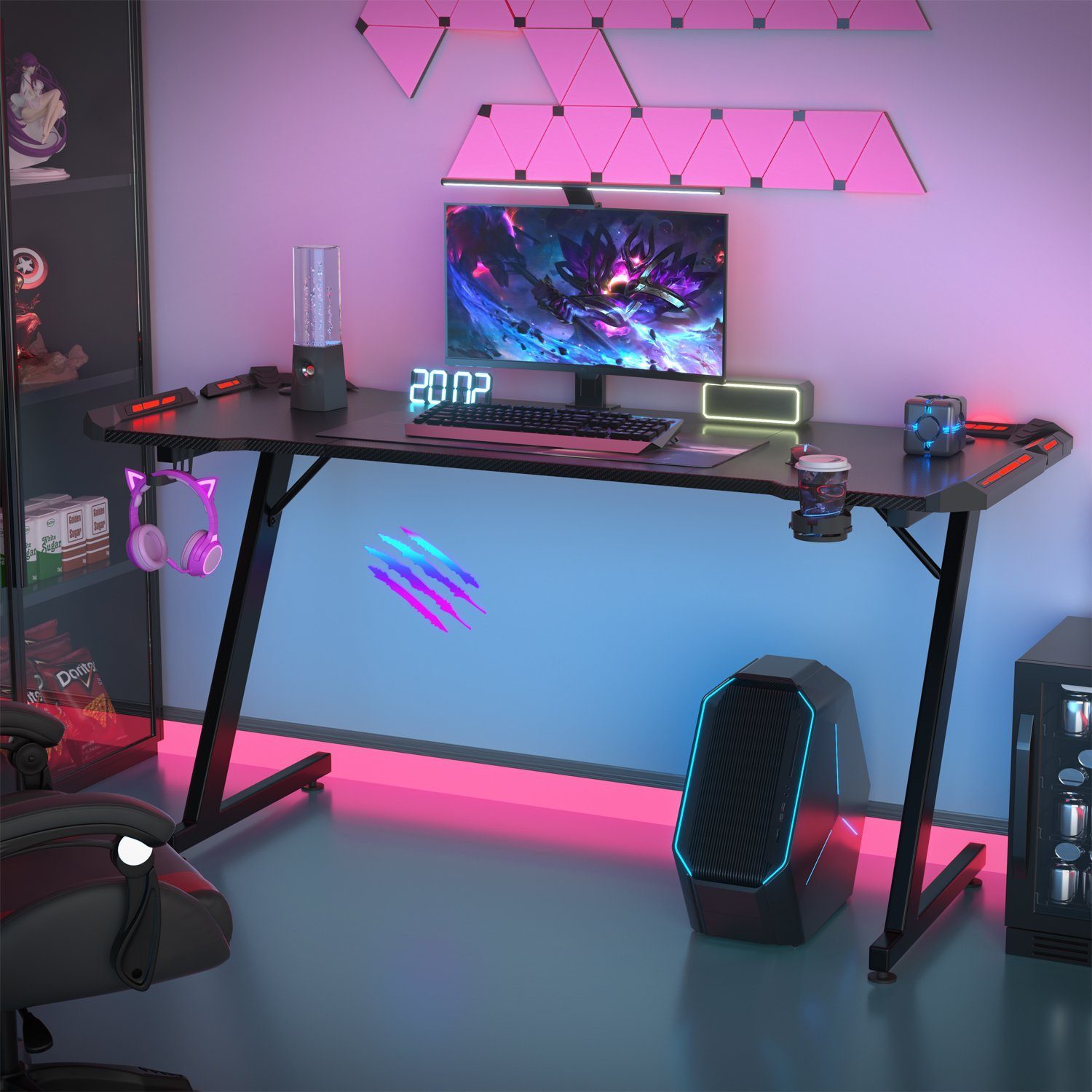 HOMALL Gamingtisch LED Gaming Tisch,Computertisch,mit RGB Lichtern 120/140/160cm (Gaming-Tisch mit RGB-Beleuchtung, passenden Getränkehaltern und Kopfhörerhaken sowie Z-förmigen Tischbeinen-ostern geschenke)