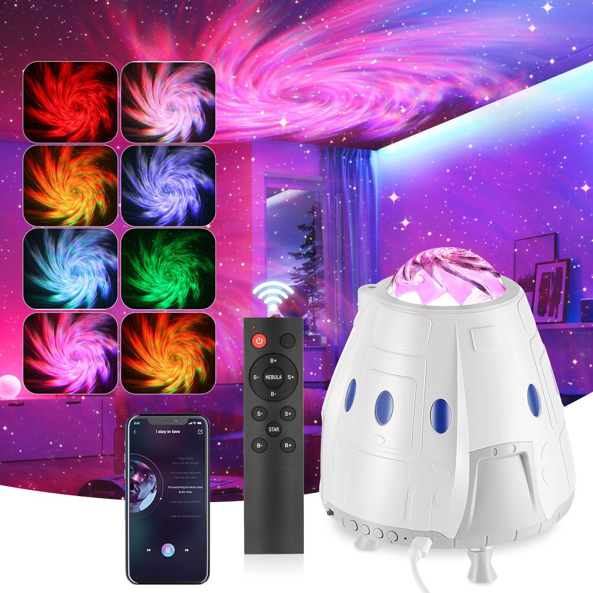 oyajia LED-Sternenhimmel LED Raumkapsel Projektor mit Bluetooth Lautsprecher, Galaxy Nachtlicht, LED fest integriert, bunt, Schlafzimmer Deckeprojektion Lampe, Geschenk für Kinder und Erwachsene