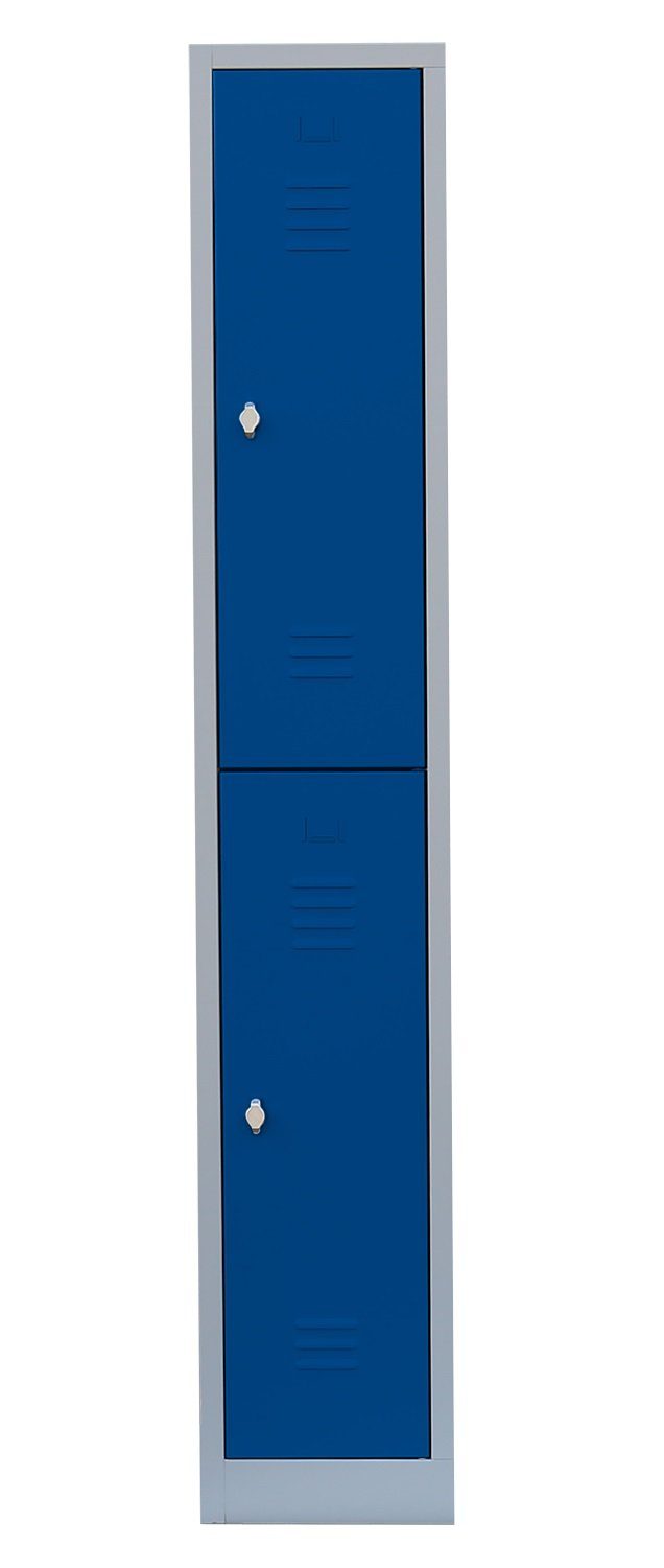 1 Spind x Enzianblau 5010 montiert, und 7035 Lüllmann® x Abteil B Komplett (1-St) 315 | H Lichtgrau/ Korpus: Steelboxx doppelstöckig, Türen: RAL Garderobenschrank, Lichtgrau RAL Montage 1800 keine erforderlich verschweißt