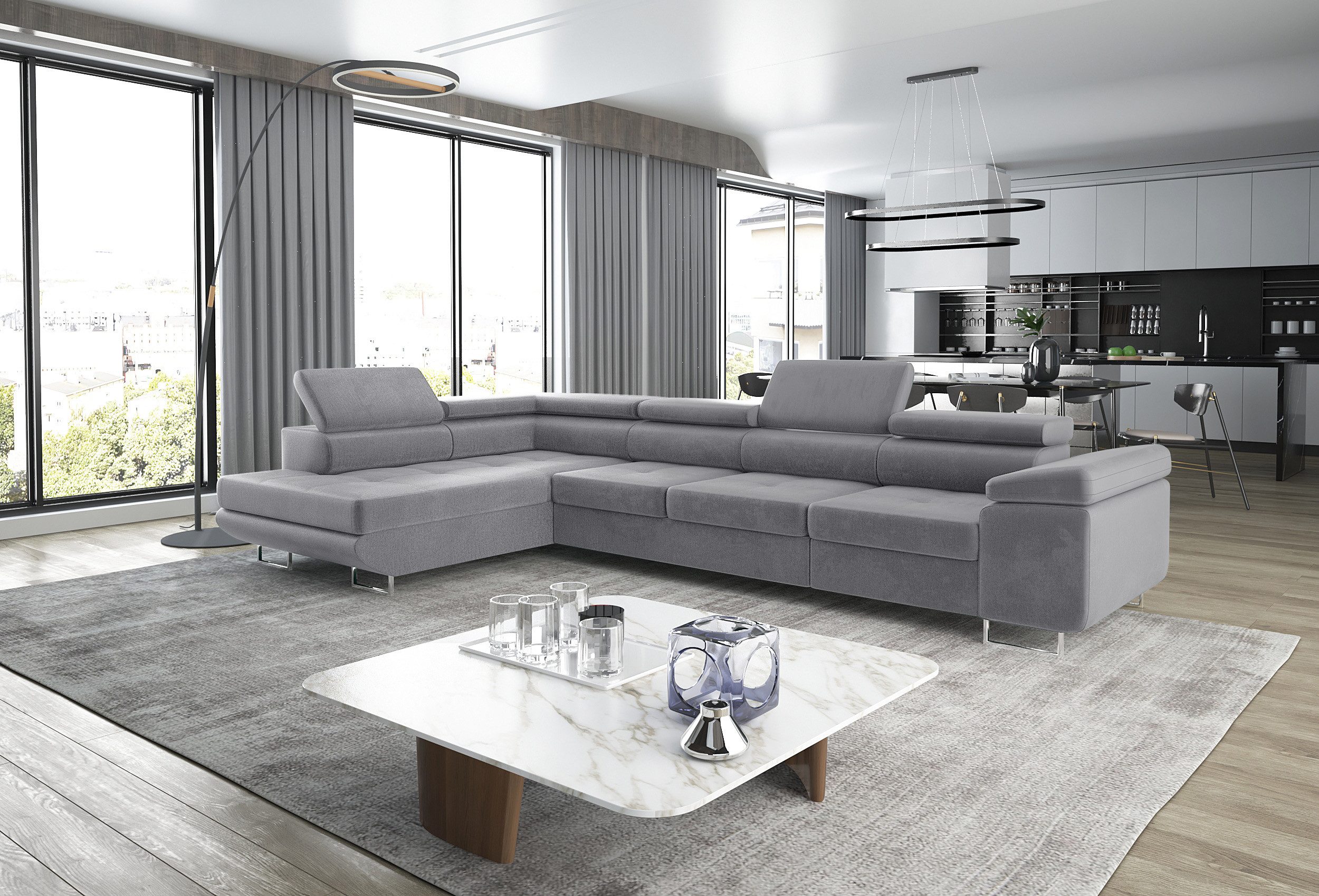 thematys Ecksofa ASTON LONG 355 x 204cm mit Schlaffunktion & Bettkasten – L-Sofa, mit 4 verstellbaren Kopfstützen, Cord (Poso) oder Samt (Monolith), - XXL Wohnlandschaft im modernen Design