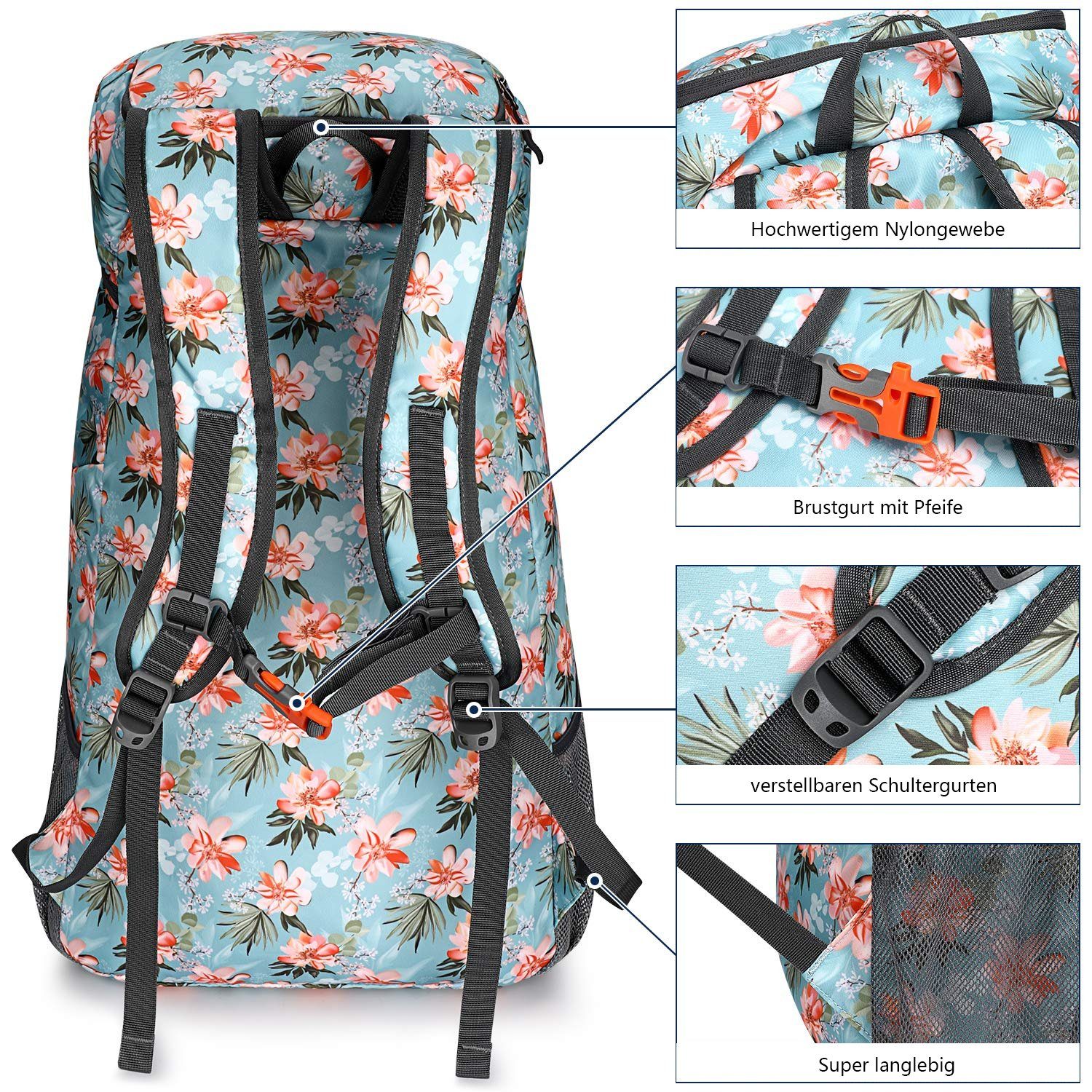 Wanderrucksack, Blaue 35 Unisex G4Free Blume Ultraleicht L Faltbarer Wanderrucksack