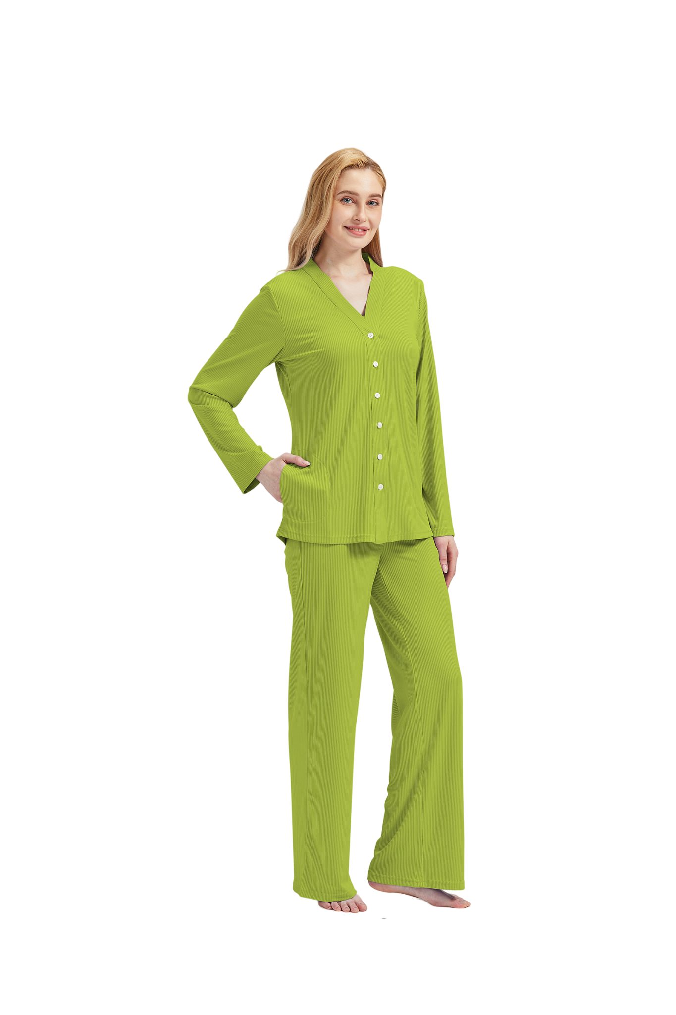 tlg) Damen 3 Schlafanzug V-Ausschnitt Pyjama-Set incl.Jacket Hose RAIKOU Top Damenwäsche Grün (Set,