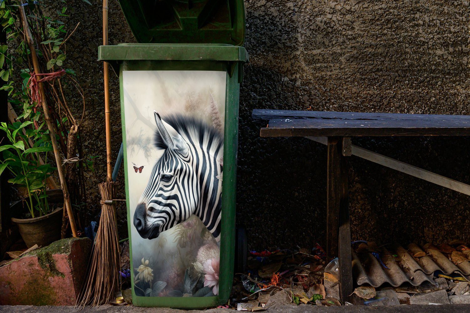 Mülleimer-aufkleber, Zebra MuchoWow Mülltonne, - Schmetterling Sticker, Wilde - St), Blumen Tiere Container, (1 Wandsticker - Abfalbehälter