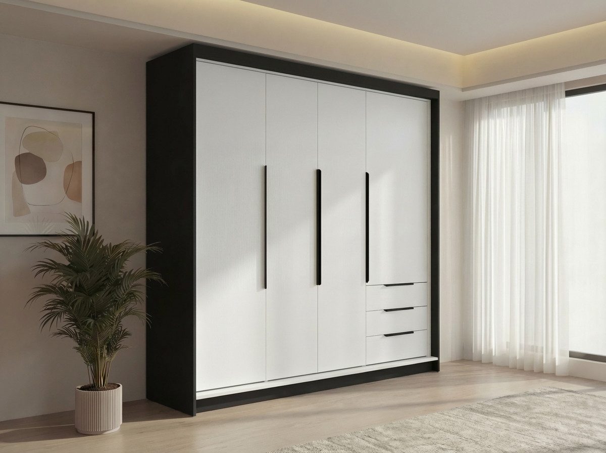 A&J MöbelLand GmbH Drehtürenschrank viertüriger Kleiderschrank mit Schubladen und Metallgriffen. (Geräumiger vier¬türiger Kleiderschrank mit Schubladen und Meta – Bild 2 von 5