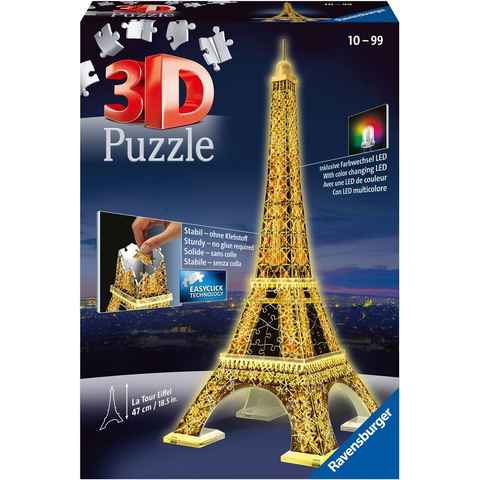 Ravensburger 3D-Puzzle Eiffelturm bei Nacht, 216 Puzzleteile, mit Farbwechsel LEDs; Made in Europe, FSC® - schützt Wald - weltweit