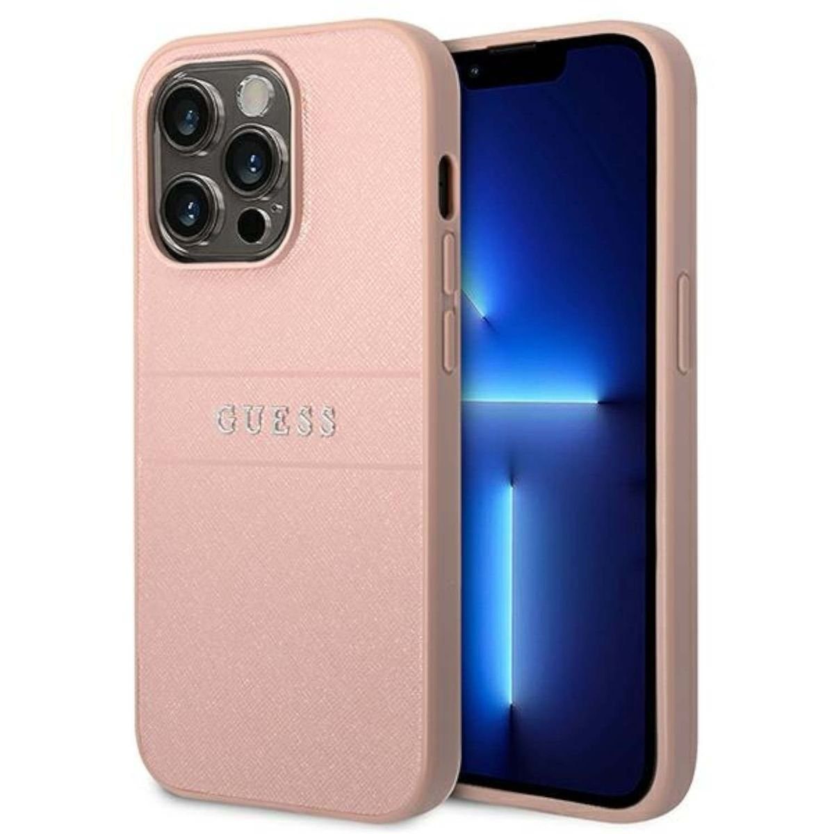 Guess Handyhülle Guess Saffiano Strap Collection Apple iPhone 14 Pro Max Hard Case Cover Schutzhülle Pink