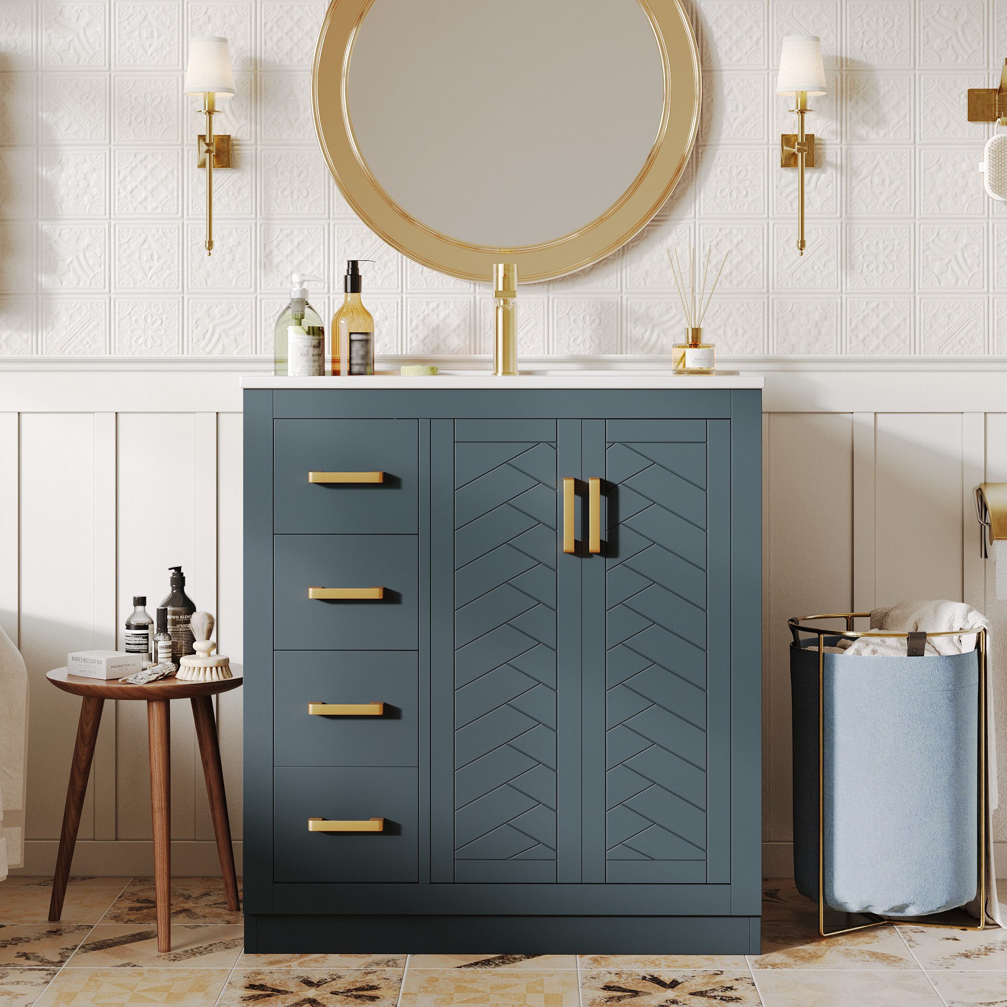Flieks Waschtisch Waschbeckenunterschrank mit Keramikbecken (76,5×46,5×84,5 cm, 1-St., bodenstehend), Badezimmerschrank Badmöbel-Set mit 3 Schubladen und seitlicher Ablagen