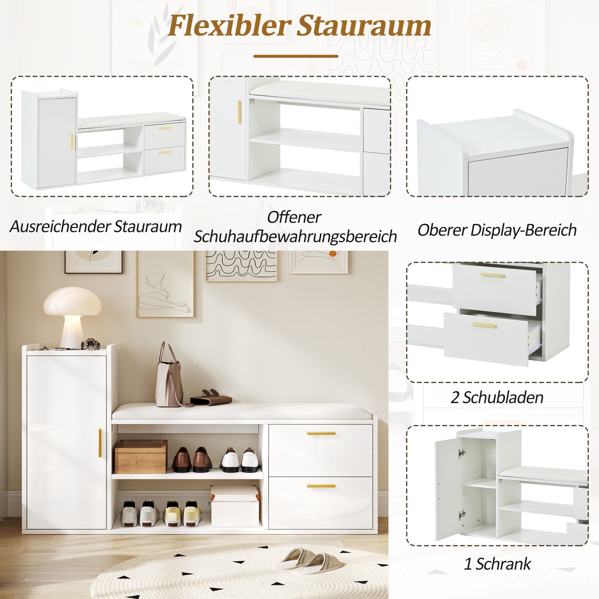 Merax Schuhbank Hochglanz in Weiß, mit gepolsterter Sitzfläche & verstellbaren Böden (Schuhregal für Flur oder Wohnzimmer, 1-St., 128×30×68 cm), Schuhschrank mi – Bild 5 von 5