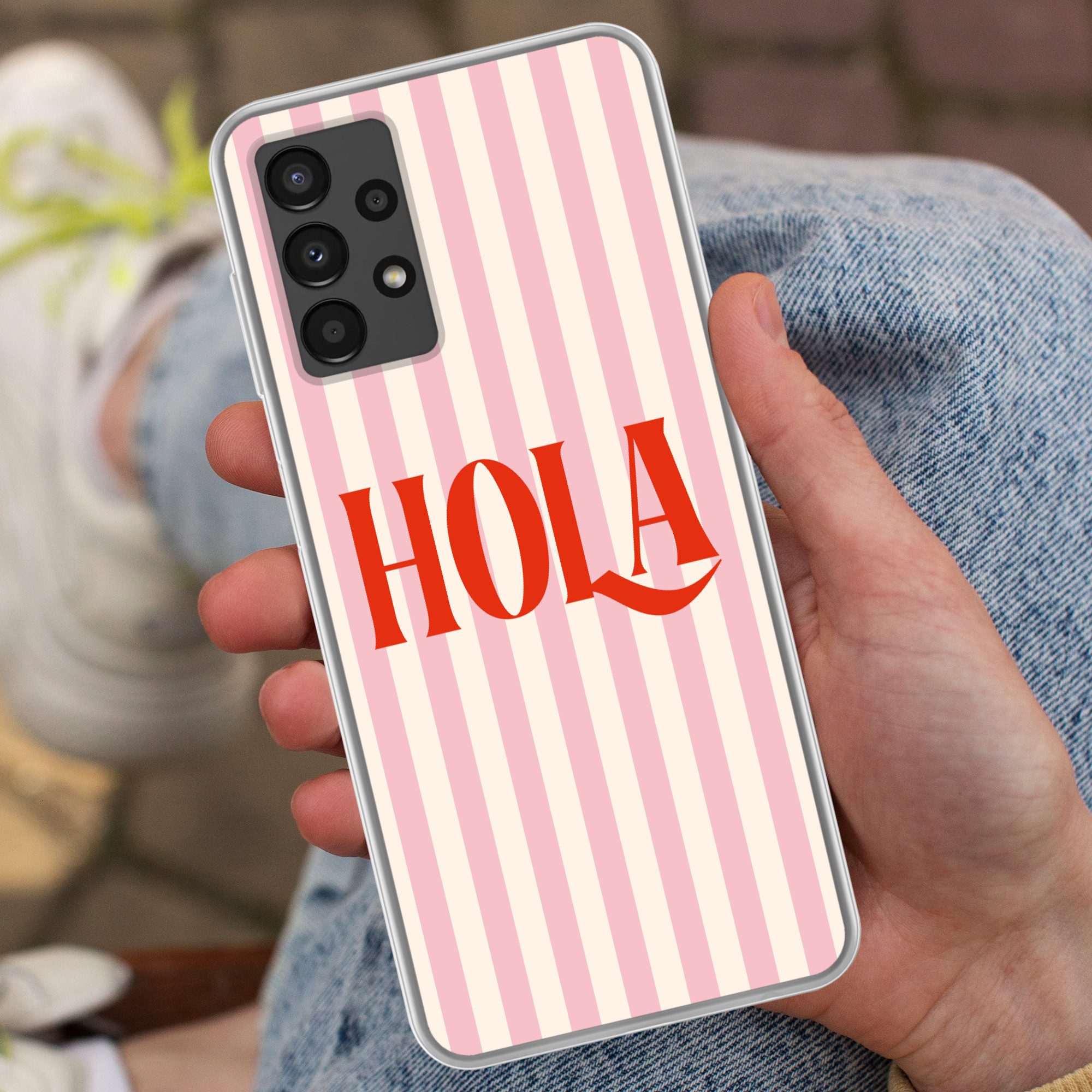 MuchoWow Handyhülle für Samsung Galaxy A13 4G Hola - Zitat - Streifen - Pastell - Rosa - R, Smartphone-Bumper, Print, Handy Schutzhülle Dünn