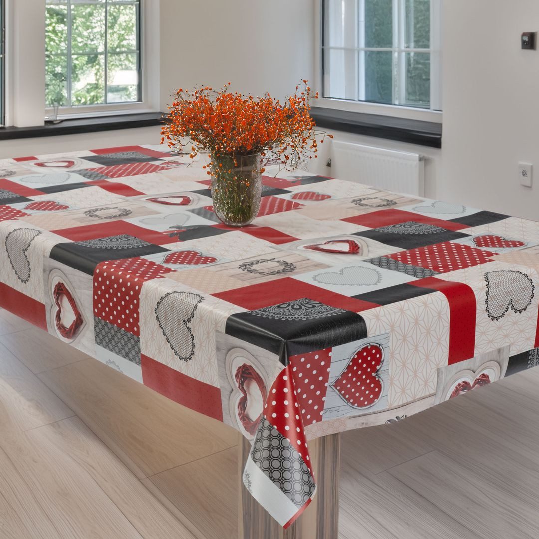 laro Tischdecke Wachstuchtischdecke Herzen Landhaus Rot-Grau PVC Eckig – Bild 5 von 5