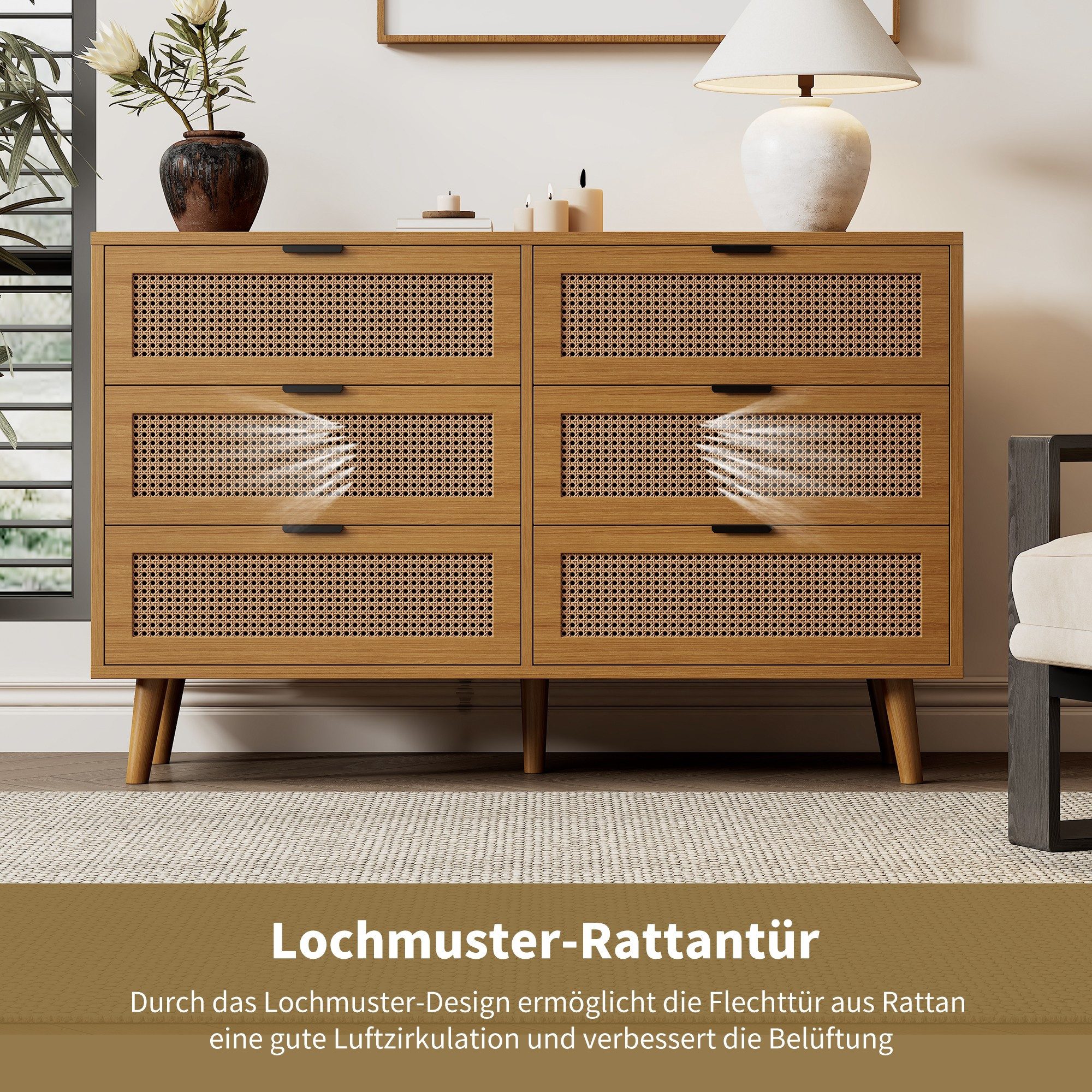 IDEASY Schubkastenkommode Kommode, Sideboard, Aufbewahrungsschrank, Rattan-Schranktür, (Eingangsschrank mit 6 Schubladen, 120 x 76,5 x 40 cm), 5 Beine aus Massivholz, einfach zu montieren