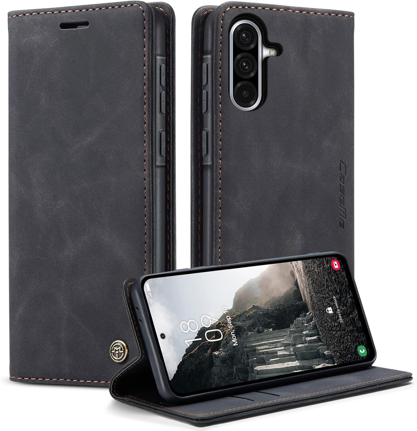 CaseMe Handyhülle Premium Hülle für Samsung Klapphülle Samsung A57 5G-Schwarz